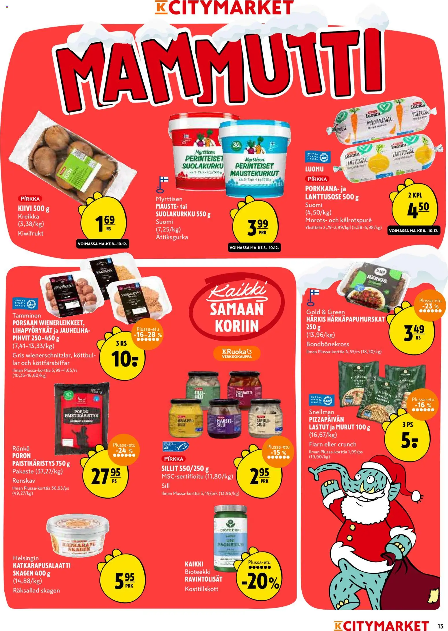 K-Citymarket tarjoukset – voimassa 08.12.2025 alkaen | Sivu: 13 | Tuotteet: Jauheliha, Sinappi, Kiivi, Porkkana