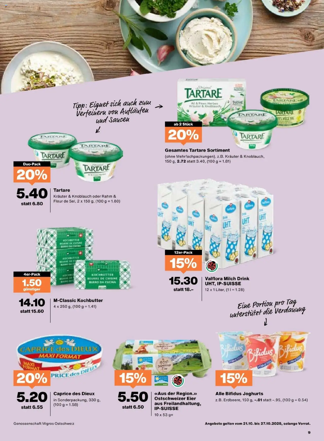 Migros Aktionen – gültig ab 21.10.2025 | Seite: 9 | Produkte: Butter, Eier, Öl, Knoblauch