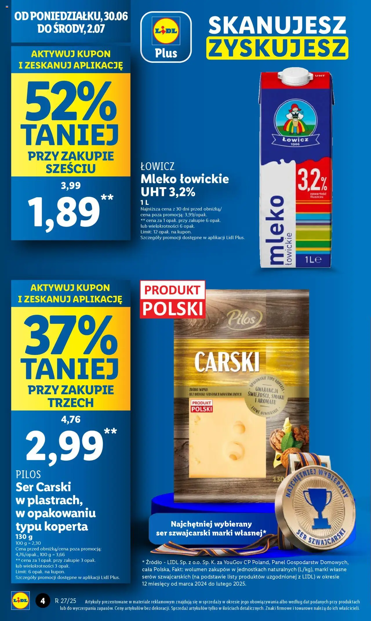 Lidl Gazetka od 30.06.2025 | Strona: 4 | Produkty: Mleko, Ser, Mleko łowickie