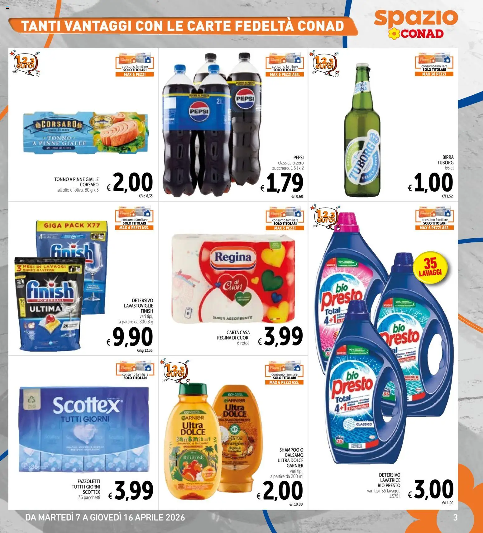 Volantino Spazio Conad del 07.04.2026 | Pagina: 3 | Prodotti: Shampoo, Birra, Fazzoletti, Pepsi