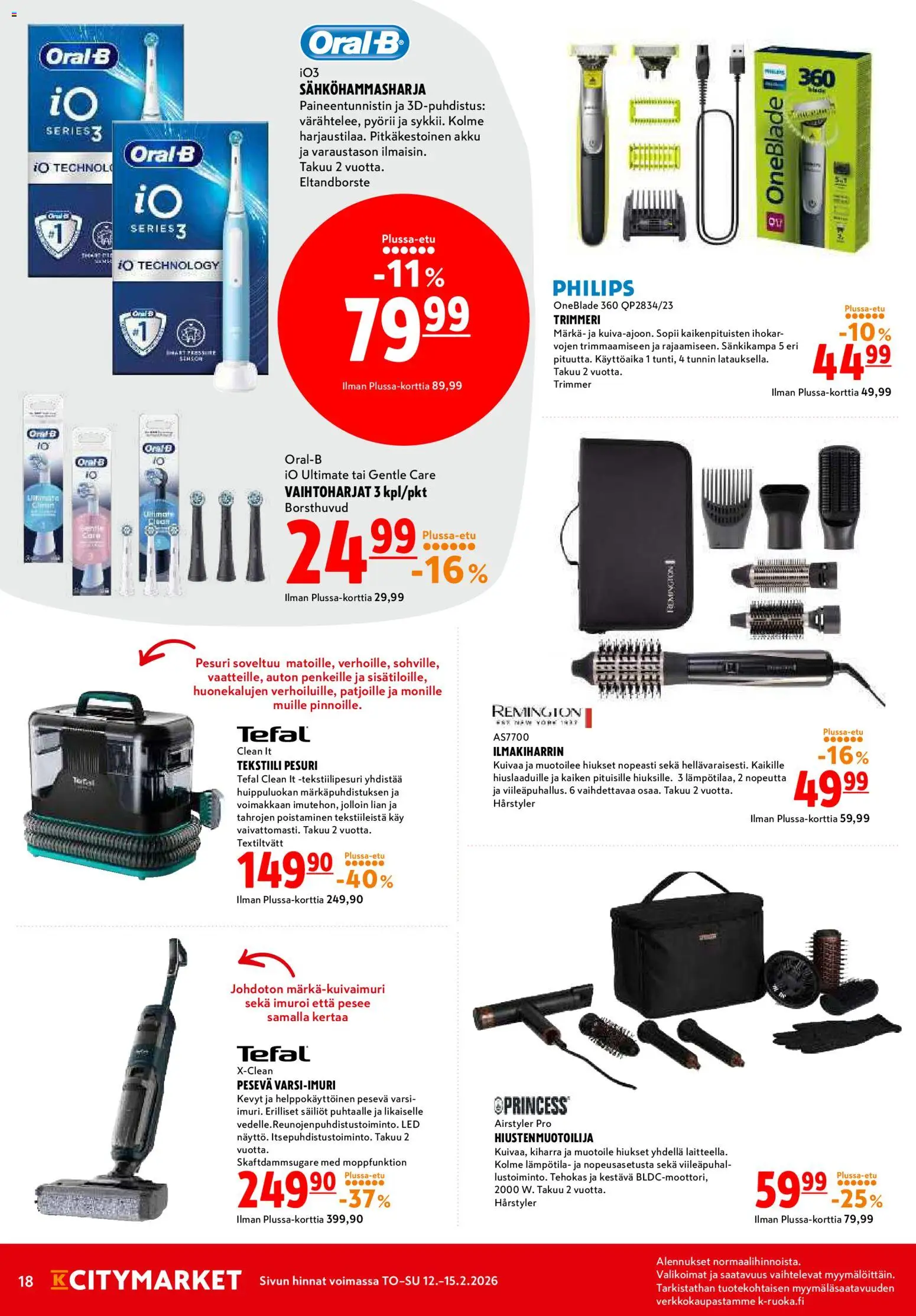 K-Citymarket tarjoukset – voimassa 12.02.2026 alkaen | Sivu: 18 | Tuotteet: Ilmakiharrin, Sähköhammasharja, Akku, Trimmeri