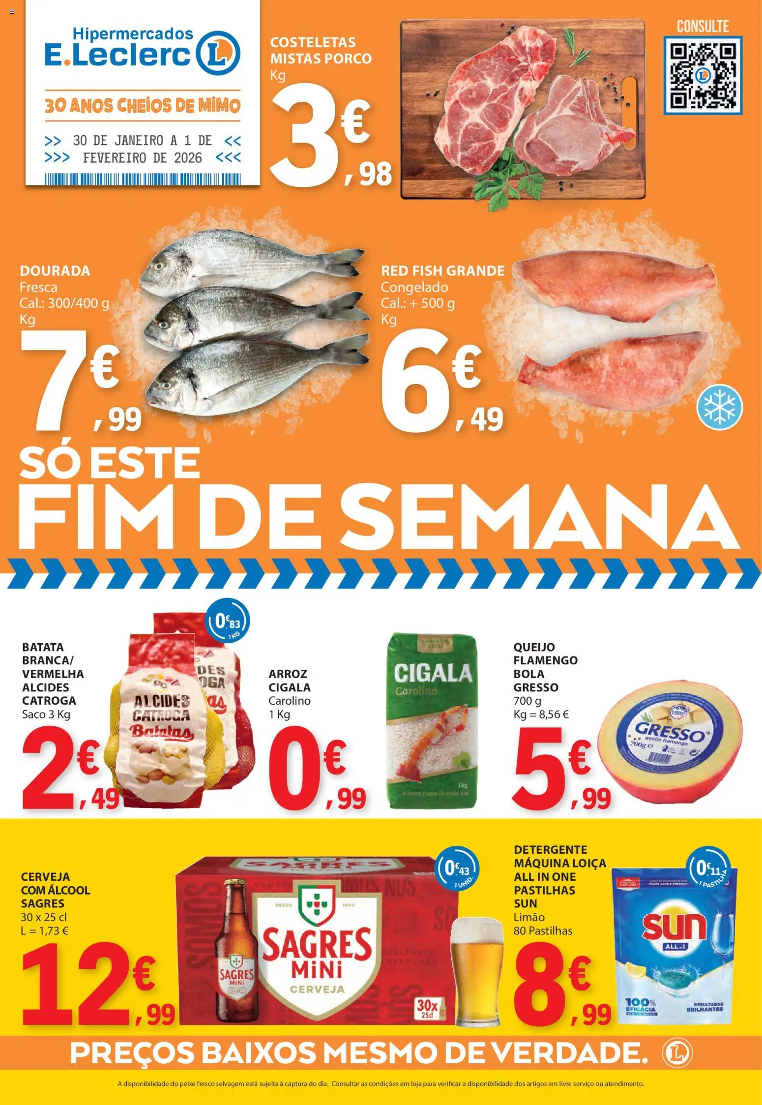E.Leclerc Catálogo Fim de Semana │ válido de 30.01.2026 | Página: 1 | Produtos: Batata, Dourada, Detergente, Queijo