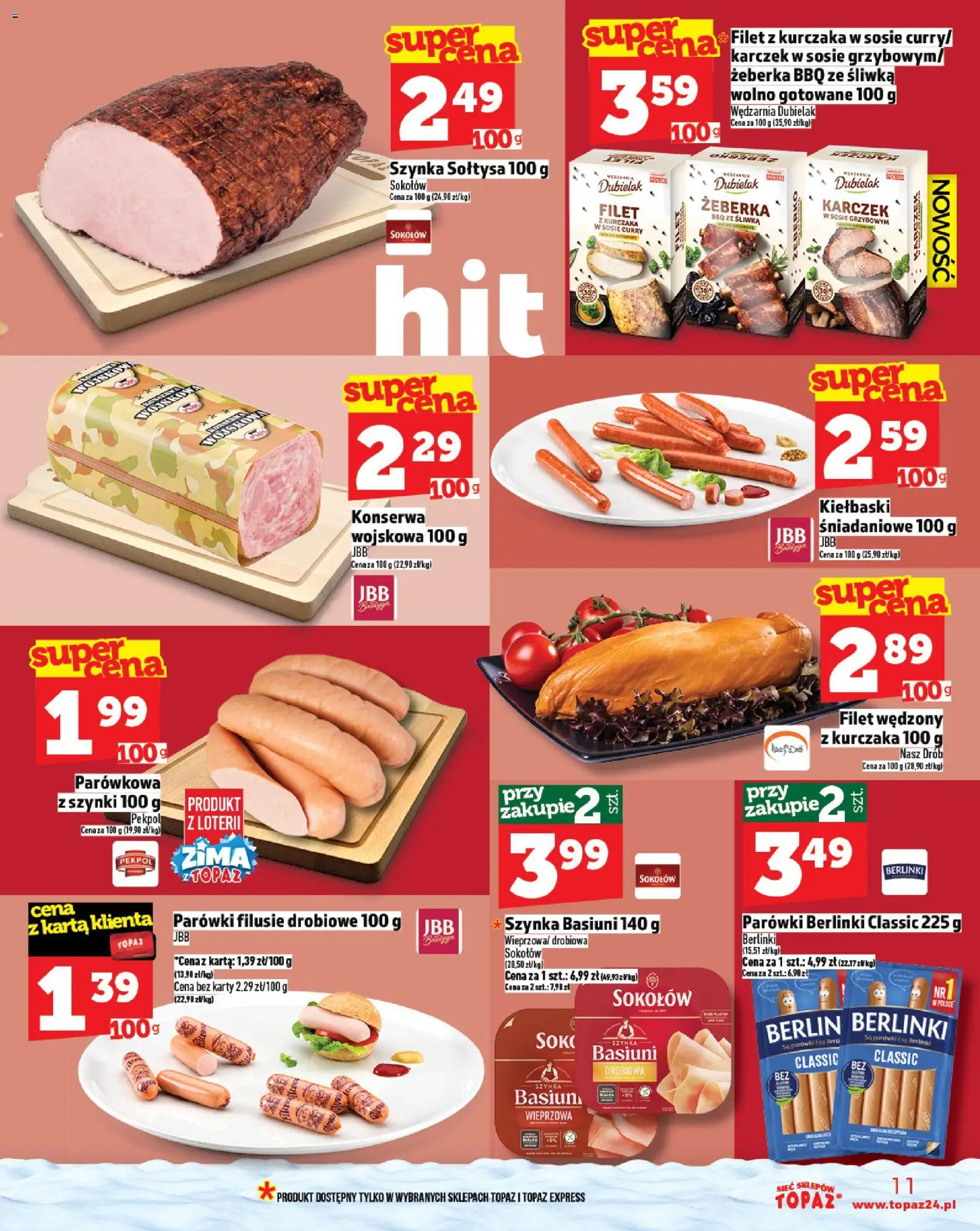 Topaz Gazetka MAZ od 27.11.2025 | Strona: 11 | Produkty: Karta, Parówki berlinki, Parówki, Kiełbaski
