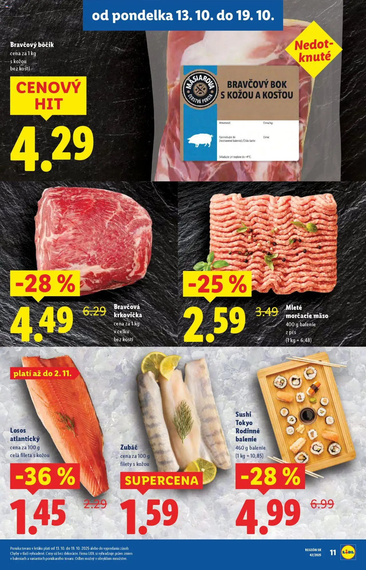 Nové Lidl akcie – leták je platný od 13.10.2025 | Strana: 13 | Produkty: Bravčová krkovička, Bravčový bôčik, Losos, Krkovička