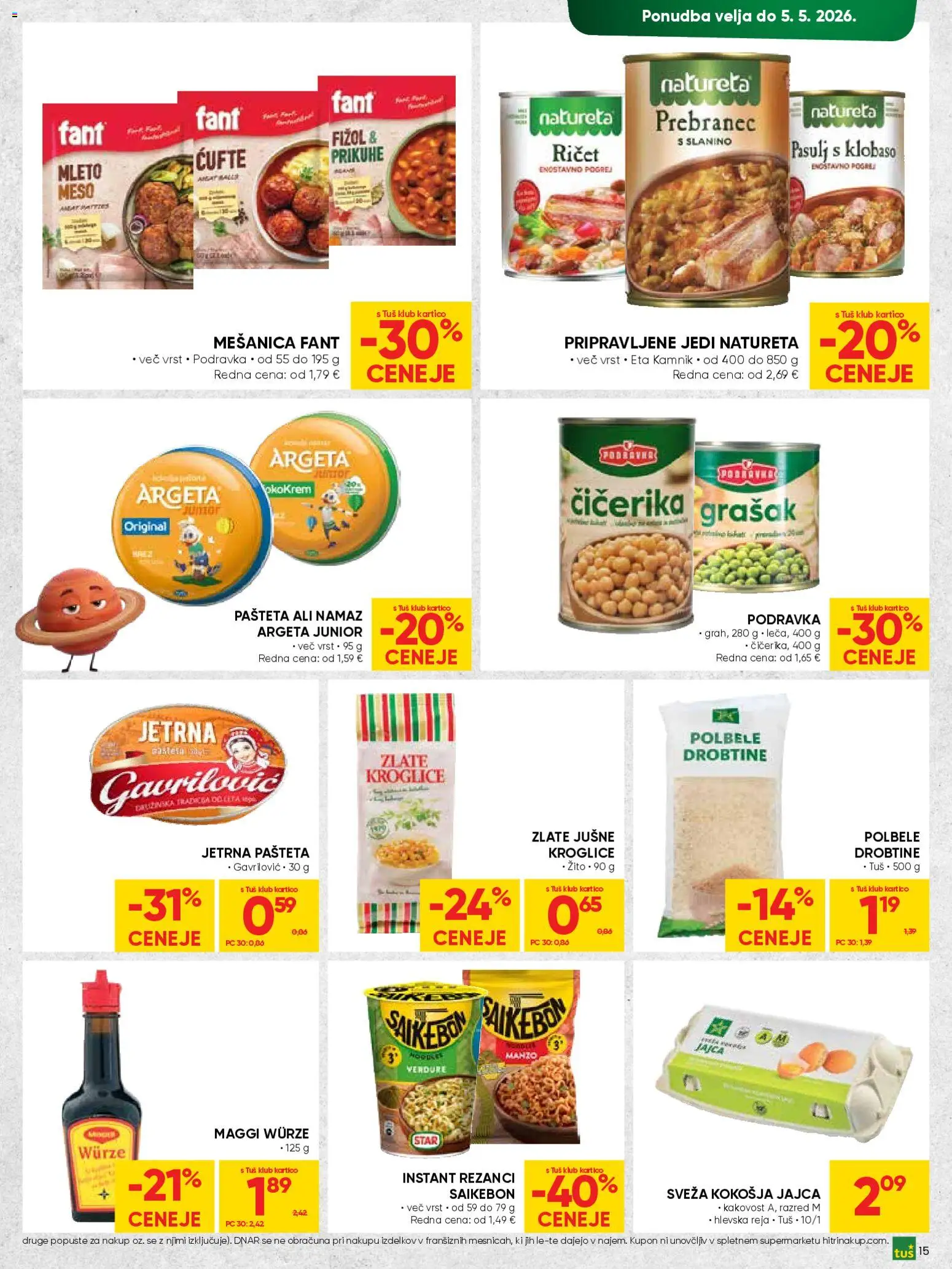 Novi Tuš katalog ponudbe – veljaven od 22.04.2026 | Stran: 15 | Izdelki: Rezanci, Pašteta, Namaz, Jajca