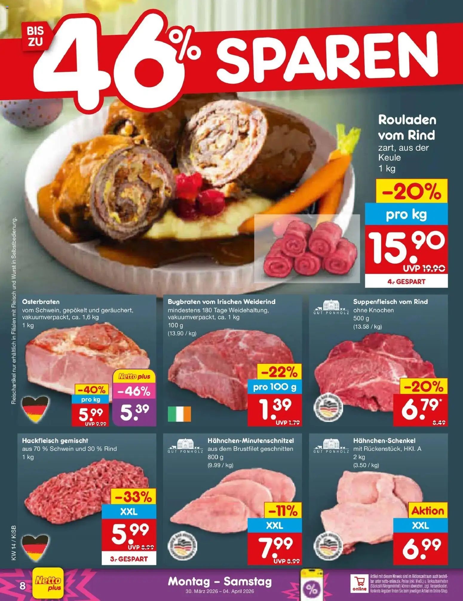 Netto Marken-Discount Prospekt Bad Friedrichshall	 – gültig ab 30.03.2026 | Seite: 8 | Produkte: Hahnchenschenkel, Suppenfleisch, Wurst, Fleisch