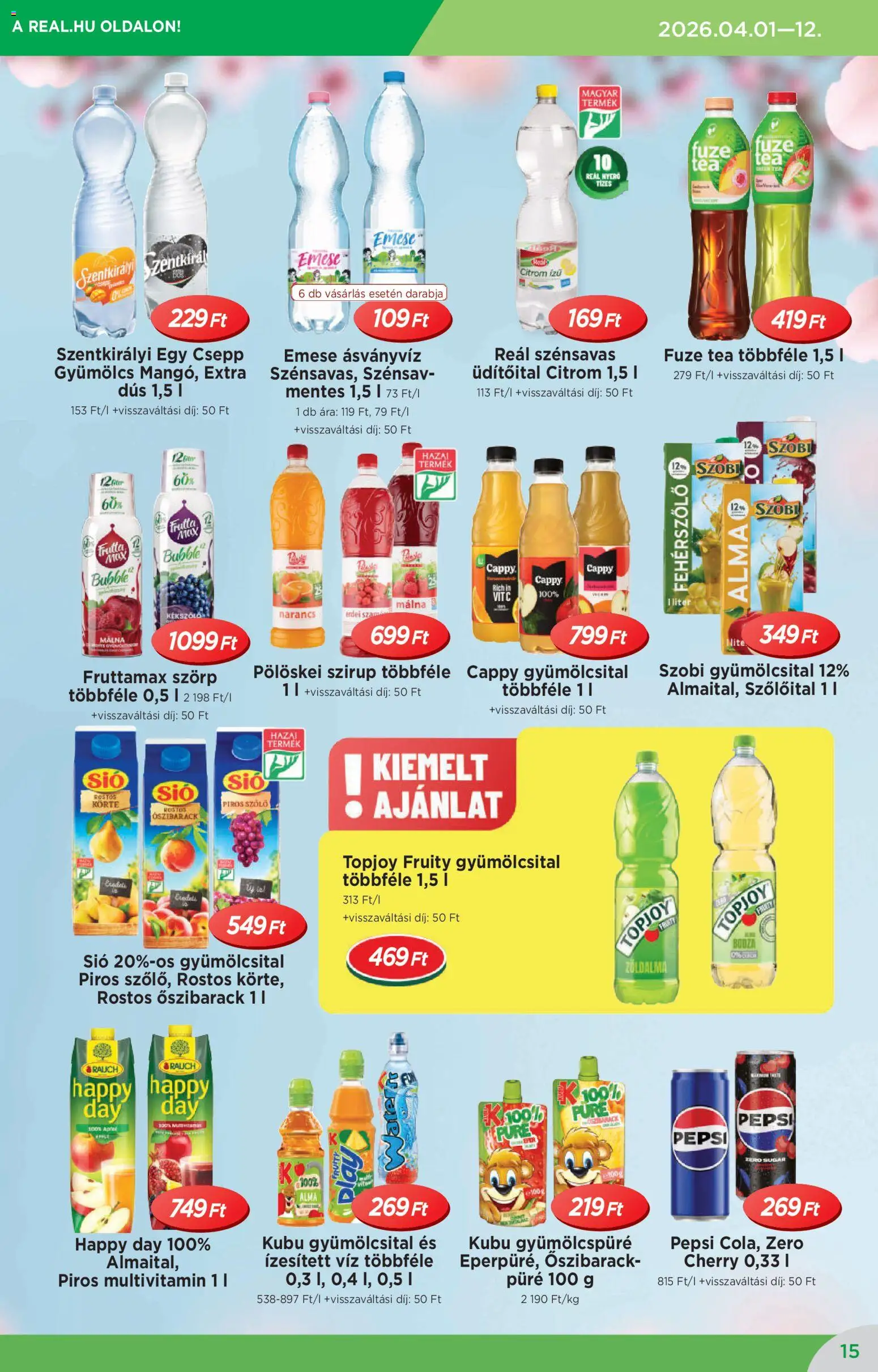 Reál akciós ujság - amely érvényes a következő dátumtól: 01.04.2026 | Oldal: 15 | Termékek: Szörp, Pepsi, Ásványvíz, Alma