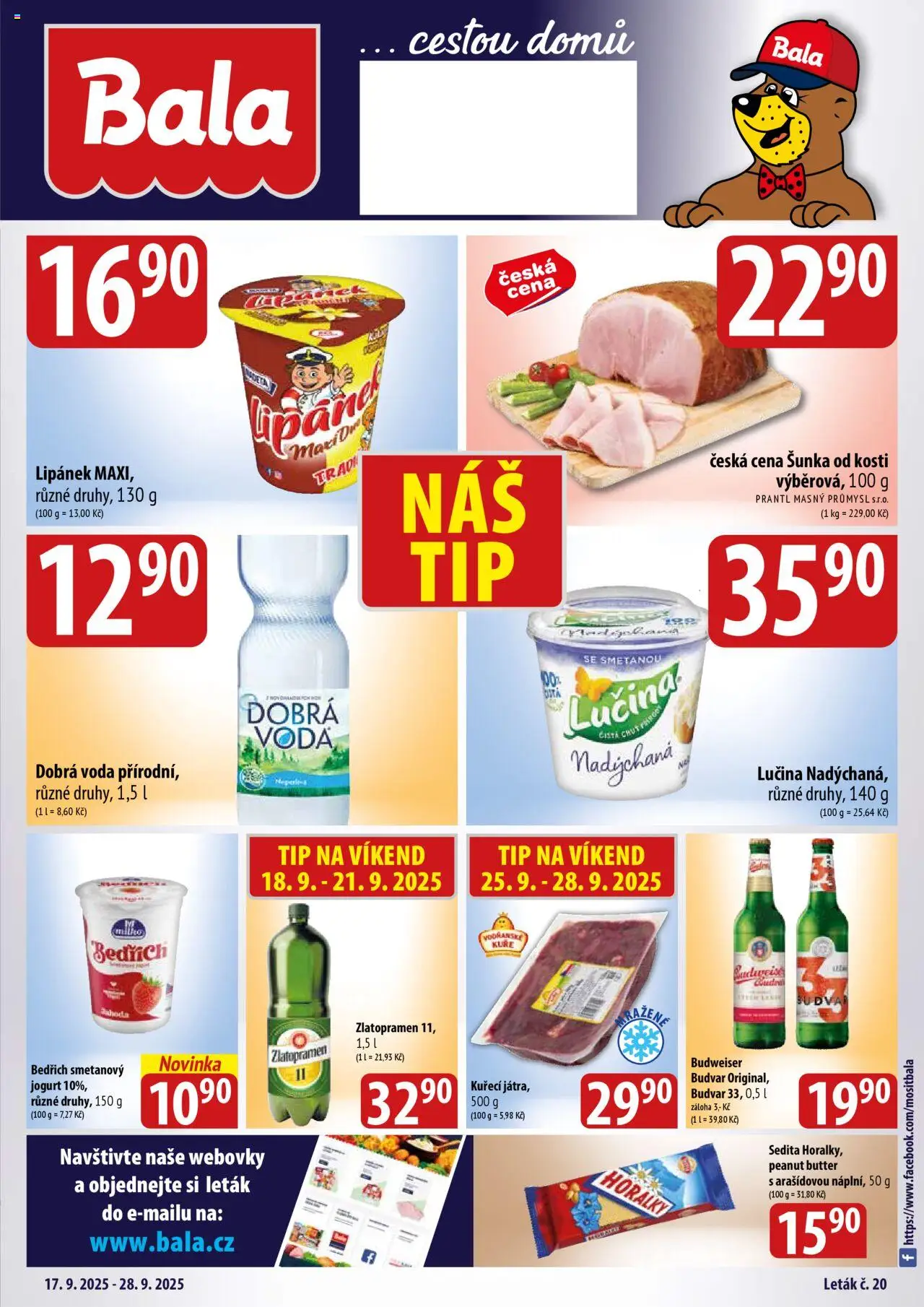 BALA velký leták od 17.09.2025 | Strana: 1 | Produkty: Lipánek, Budvar, Voda, Horalky