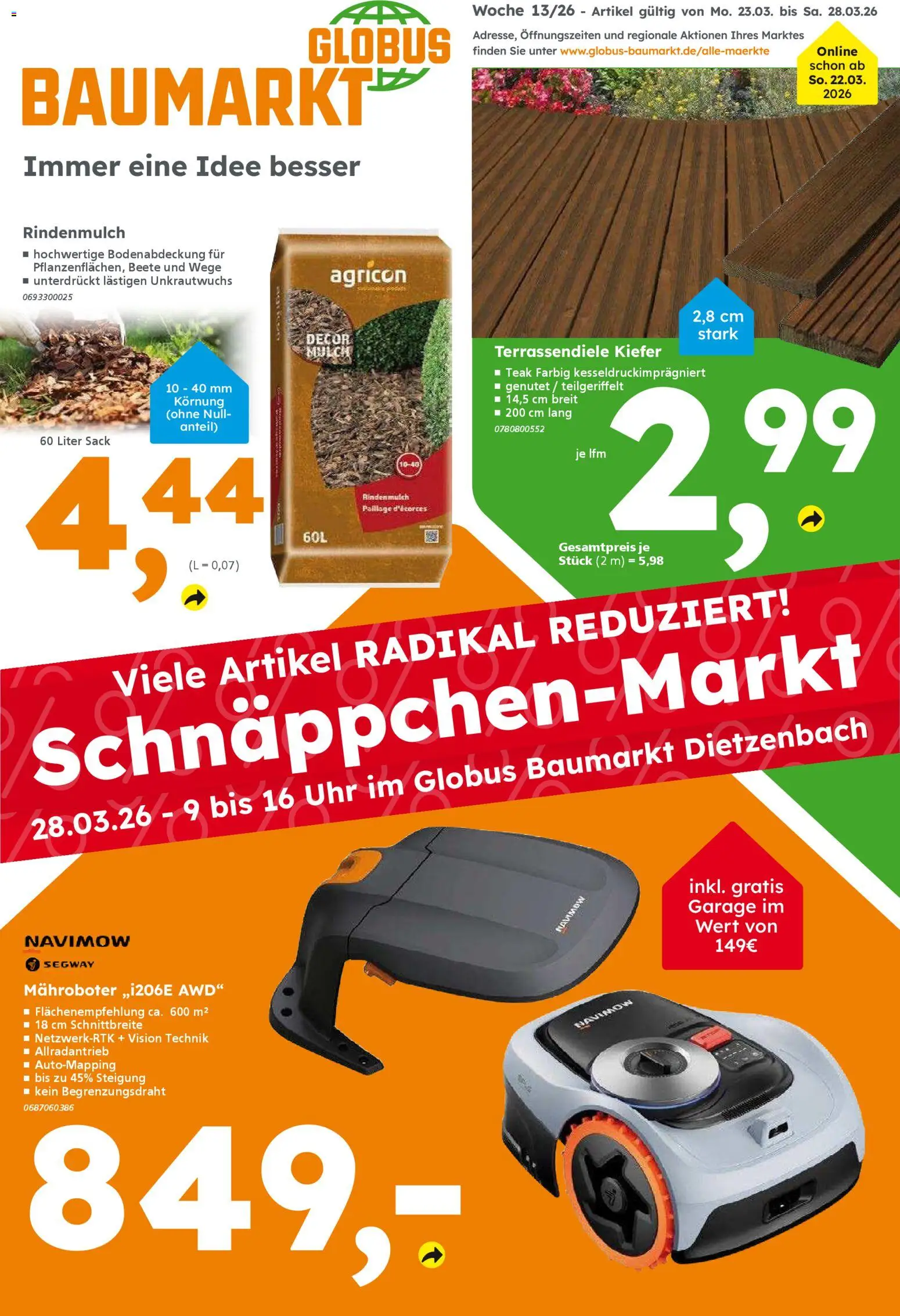 Globus Baumarkt Prospekt Dietzenbach	 – gültig ab 22.03.2026 | Seite: 1 | Produkte: Rindenmulch, Uhr