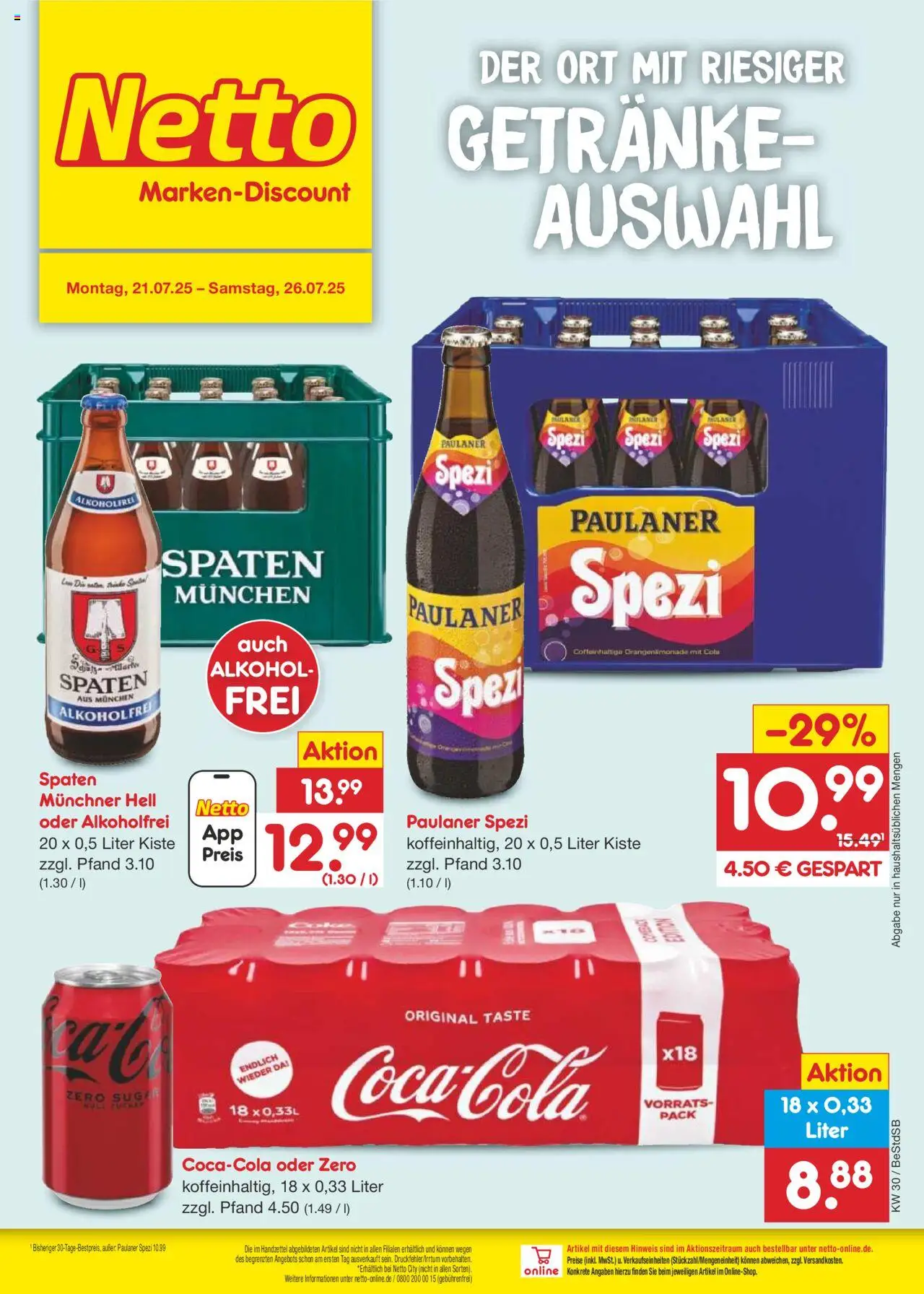 Netto Marken-Discount Prospekt 	 - gültig ab dem 21.07.2025 | Seite: 30 | Produkte: Cola, Paulaner spezi, Paulaner