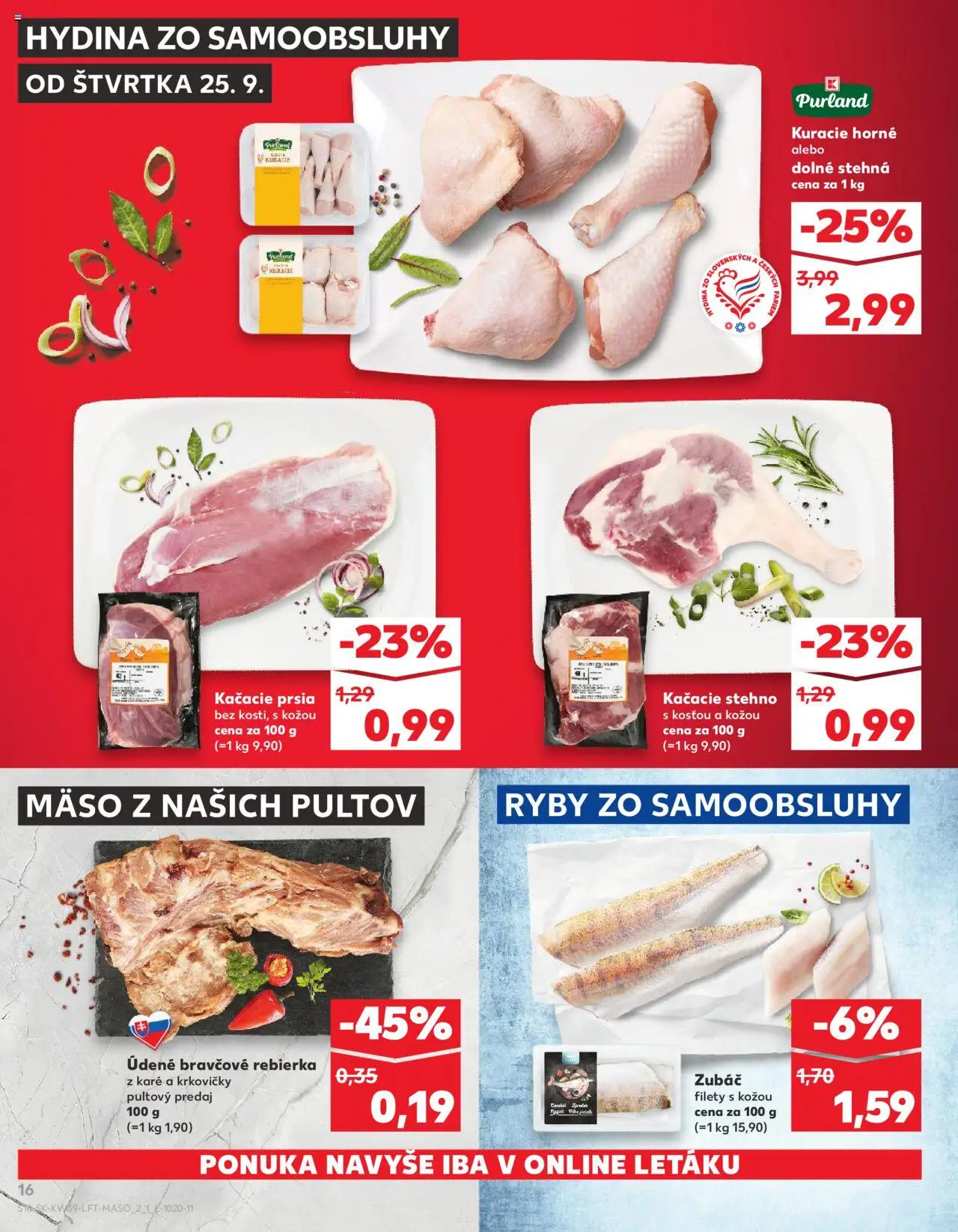 Nové Kaufland akcie – leták je platný od 25.09.2025 | Strana: 16 | Produkty: Kačacie prsia, Ryby