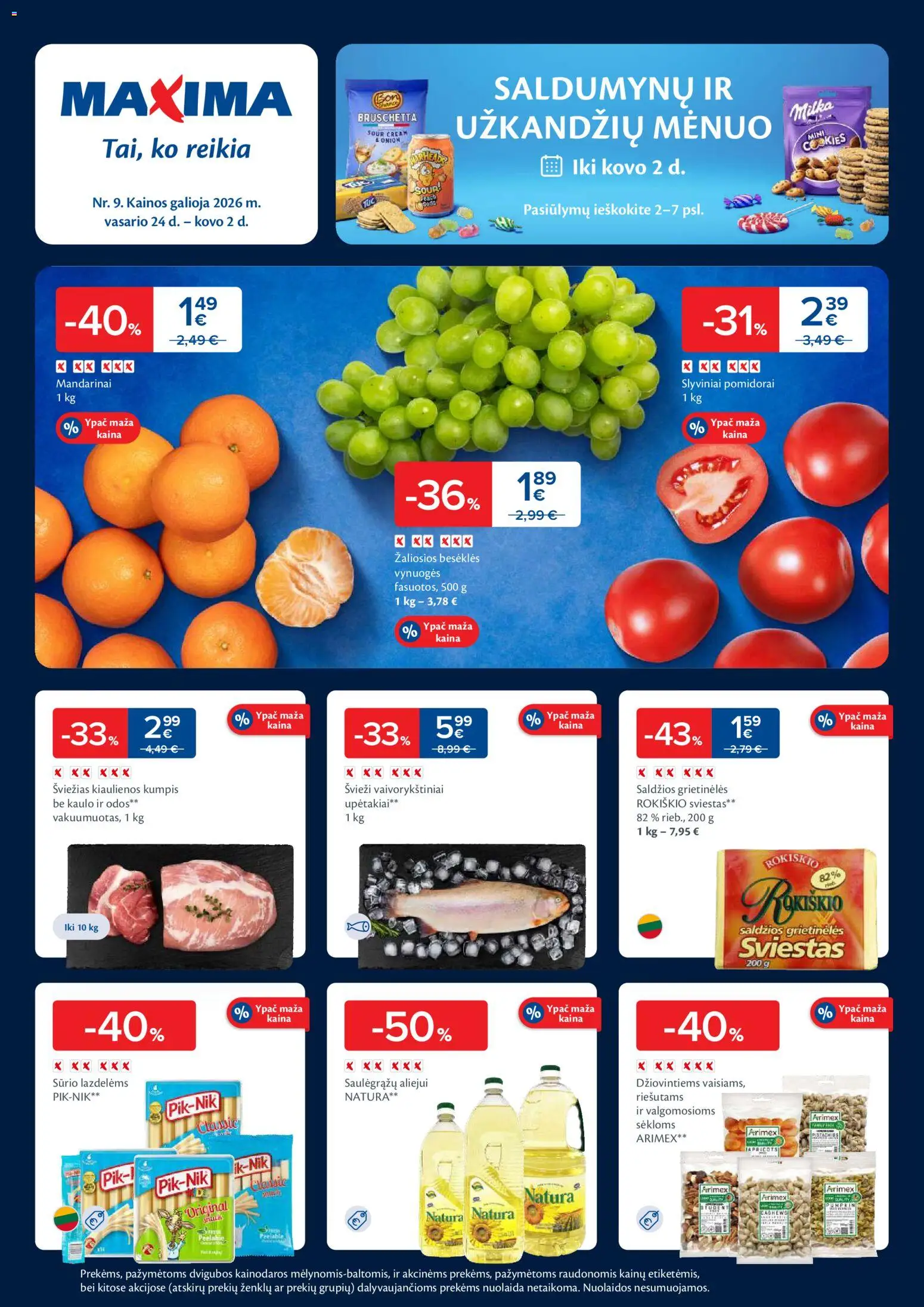 MAXIMA akcijos nuo 24.02.2026 | Puslapis: 1 | Prekių: Kiaulienos, Sviestas, Kumpis, Pomidorai