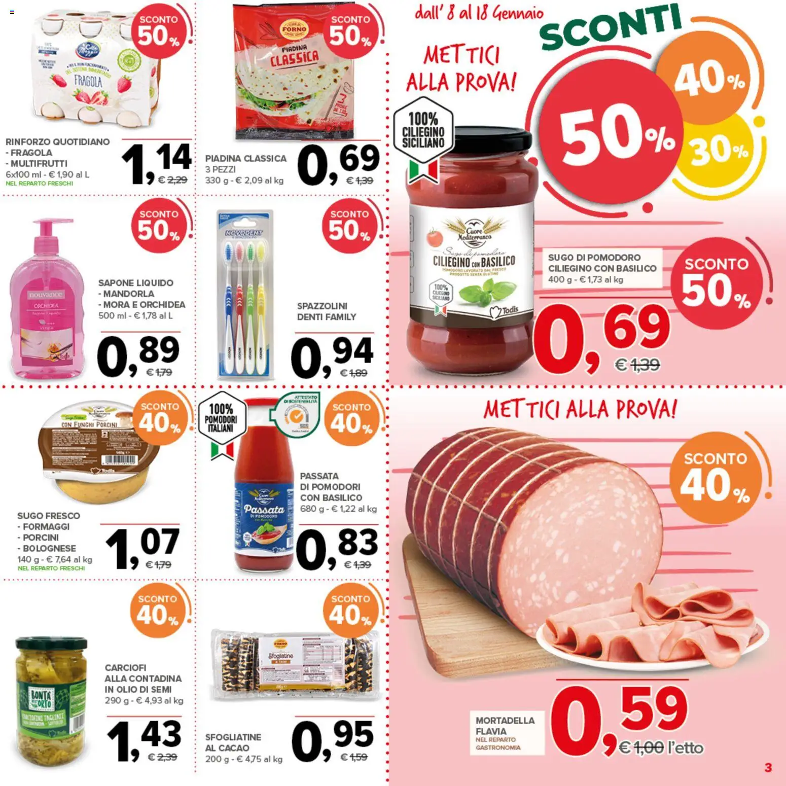 Volantino Todis del 08.01.2026 | Pagina: 3 | Prodotti: Sapone, Pomodori, Funghi, Piadina