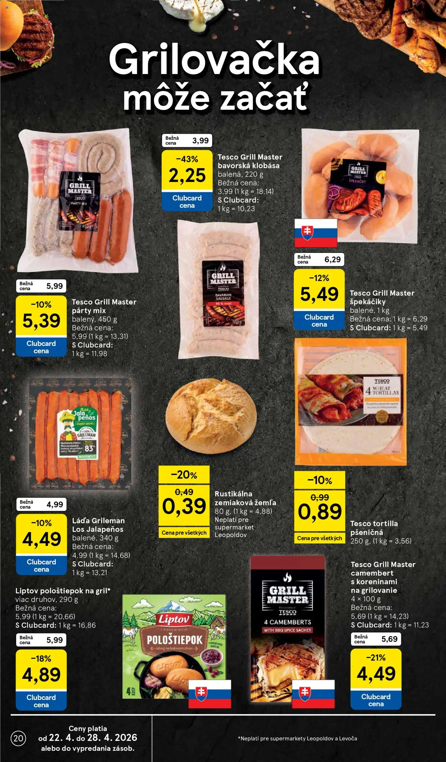 Nové Tesco akcie – leták je platný od 22.04.2026 | Strana: 20 | Produkty: Tortilla, Klobása