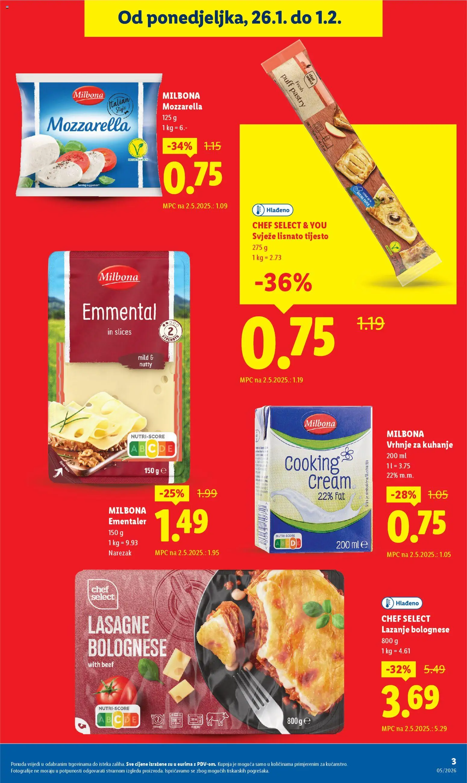 Lidl katalog | vrijedi od 26.01.2026 | Stranica: 3 | Proizvodi: Mozzarella, Vrhnje za kuhanje, Narezak, Lisnato tijesto