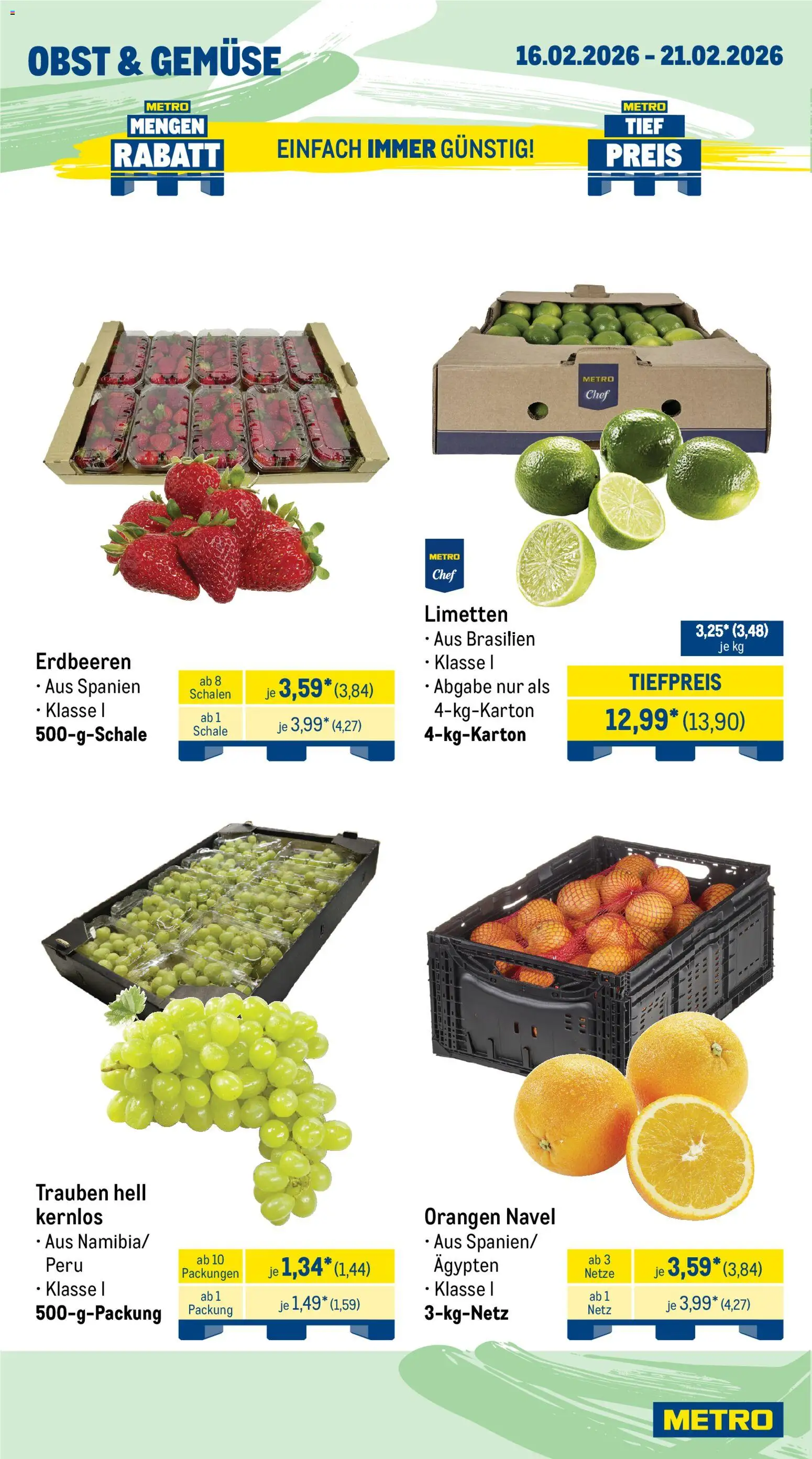 Metro Wochen-Angebote Gastro – gültig ab 16.02.2026 | Seite: 8 | Produkte: Limetten, Trauben, Gemüse, Obst