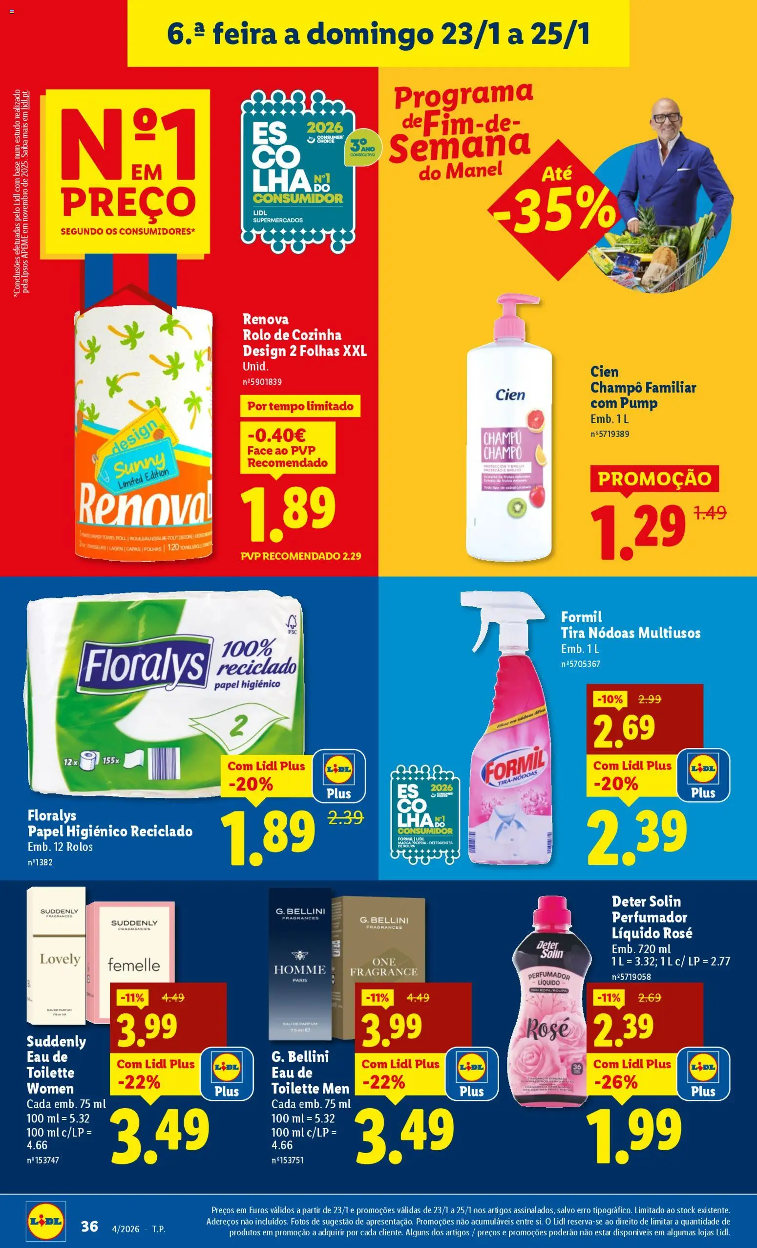Lidl folheto │ válido de 19.01.2026 | Página: 36 | Produtos: Papel higiénico, Eau de toilette, Shampoo, Base