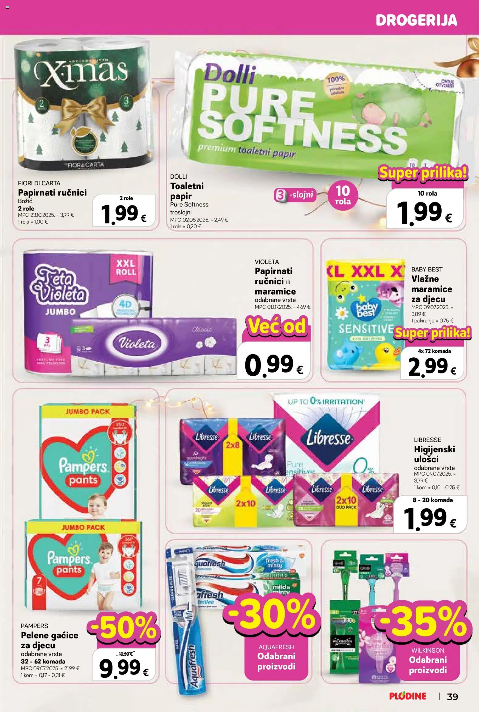 Plodine katalog | vrijedi od 03.12.2025 | Stranica: 39 | Proizvodi: Vlažne maramice, Papirnati ručnici, Gaćice, Pampers
