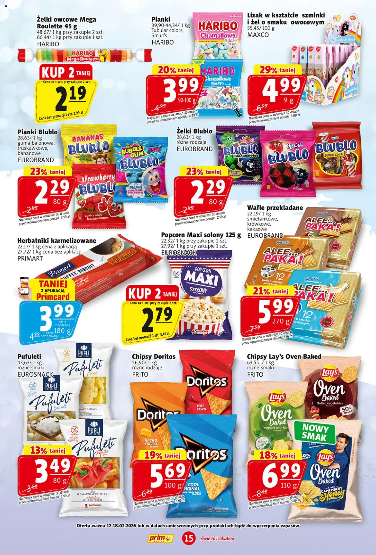 Prim Market Gazetka od 12.02.2026 | Strona: 15 | Produkty: Wafle, Gumy, Herbatniki, Pianki