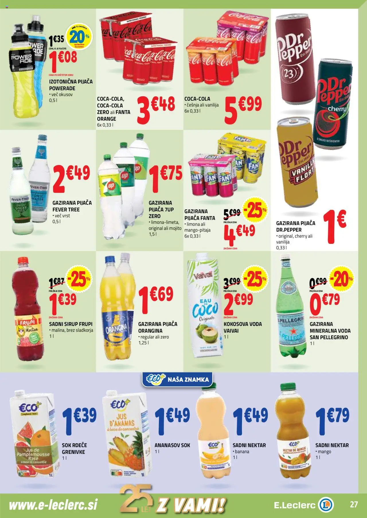 Novi E.leclerc katalog ponudbe – veljaven od 08.10.2025 | Stran: 27 | Izdelki: Sirup, Mineralna voda, Limona, Mango