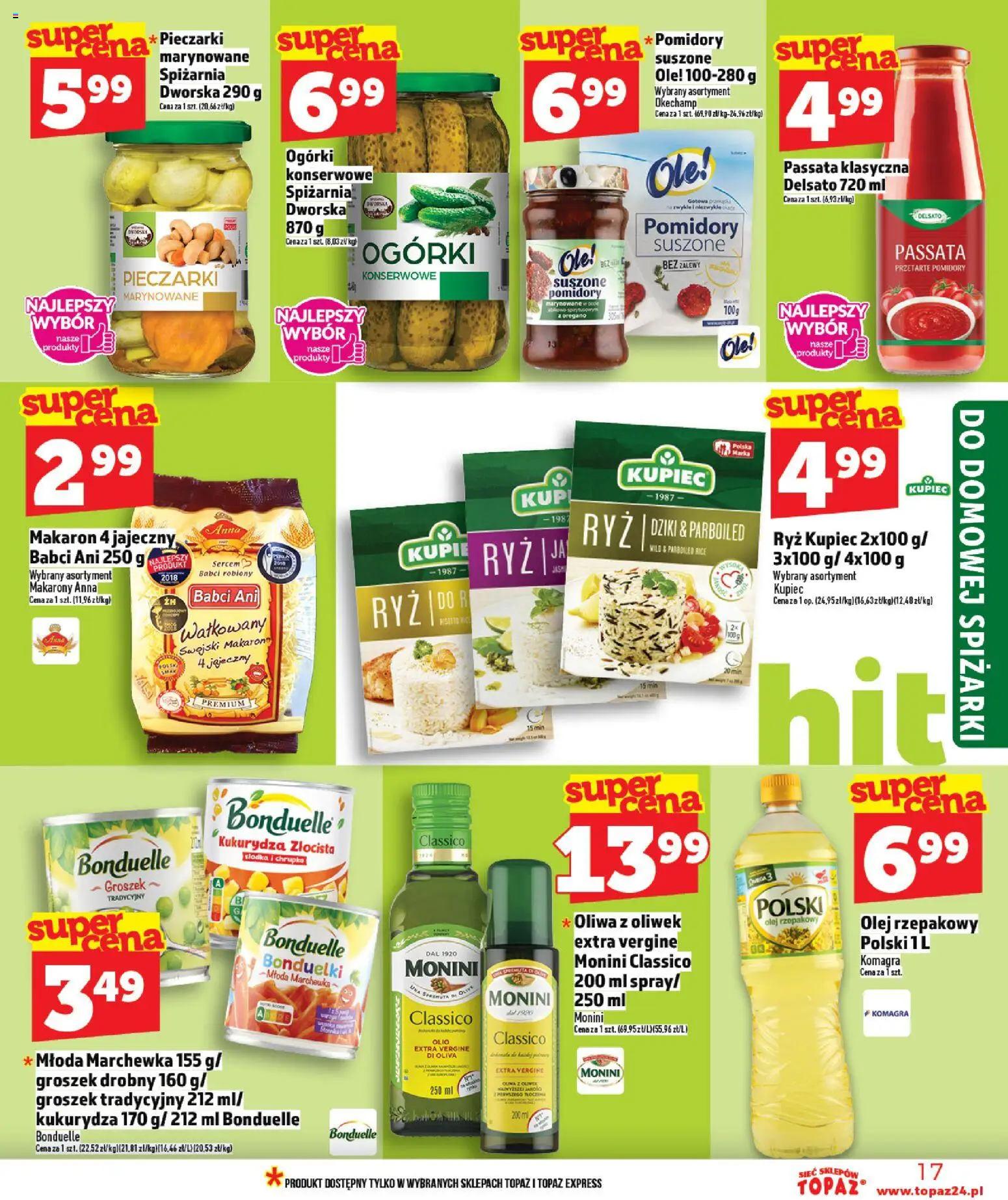 Topaz gazetka od 23.04.2026 | Strona: 17 | Produkty: Olej rzepakowy, Kukurydza, Ryż, Makarony