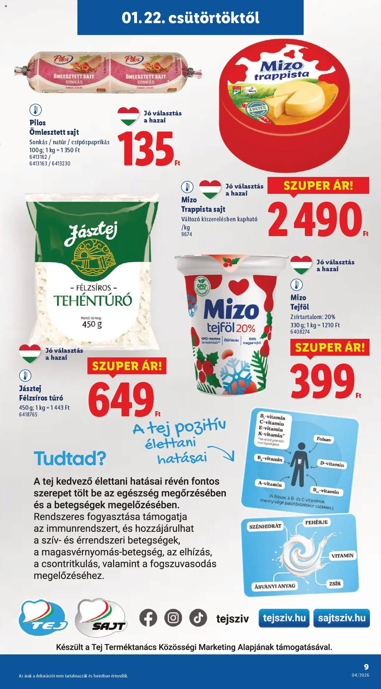 Lidl akciós ujság - amely érvényes a következő dátumtól: 22.01.2026 | Oldal: 9 | Termékek: Tej, Sajt, Tejföl, Trappista sajt