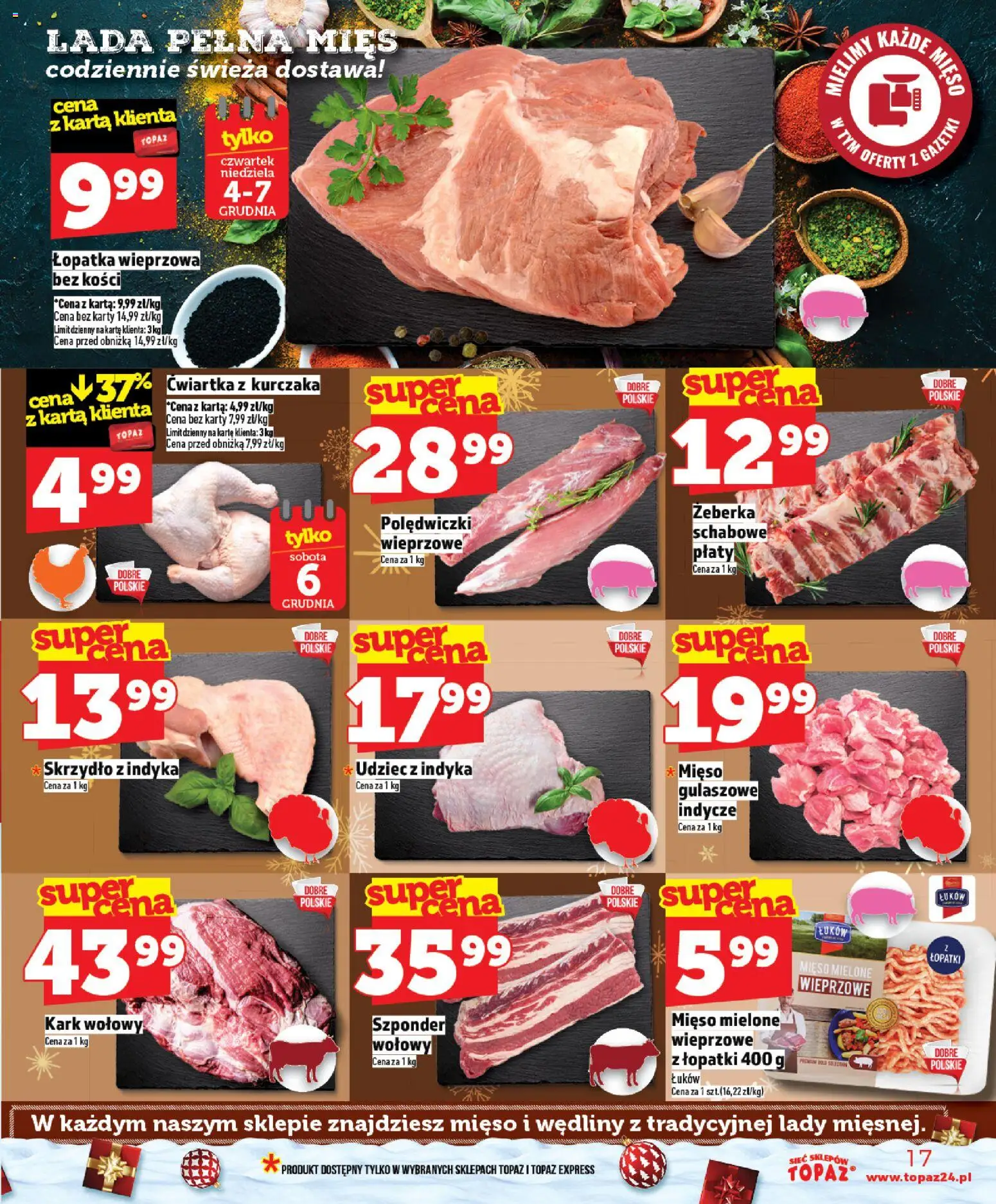 Topaz Gazetka - Ceny małe na stałe od 04.12.2025 | Strona: 17 | Produkty: Karta, Mięso, Mięso mielone, Łopatka wieprzowa