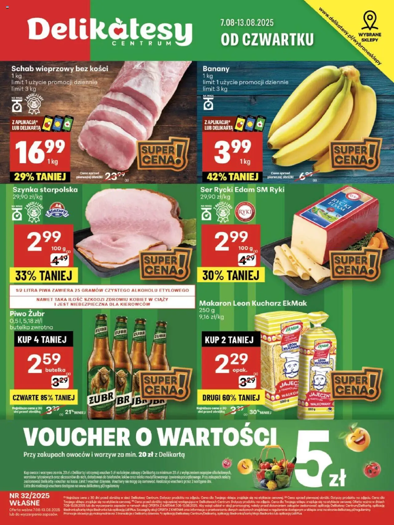 Delikatesy Centrum Gazetka - Sklepy Własne od 07.08.2025 | Strona: 1 | Produkty: Piwo żubr, Schab wieprzowy, Makaron, Owoce