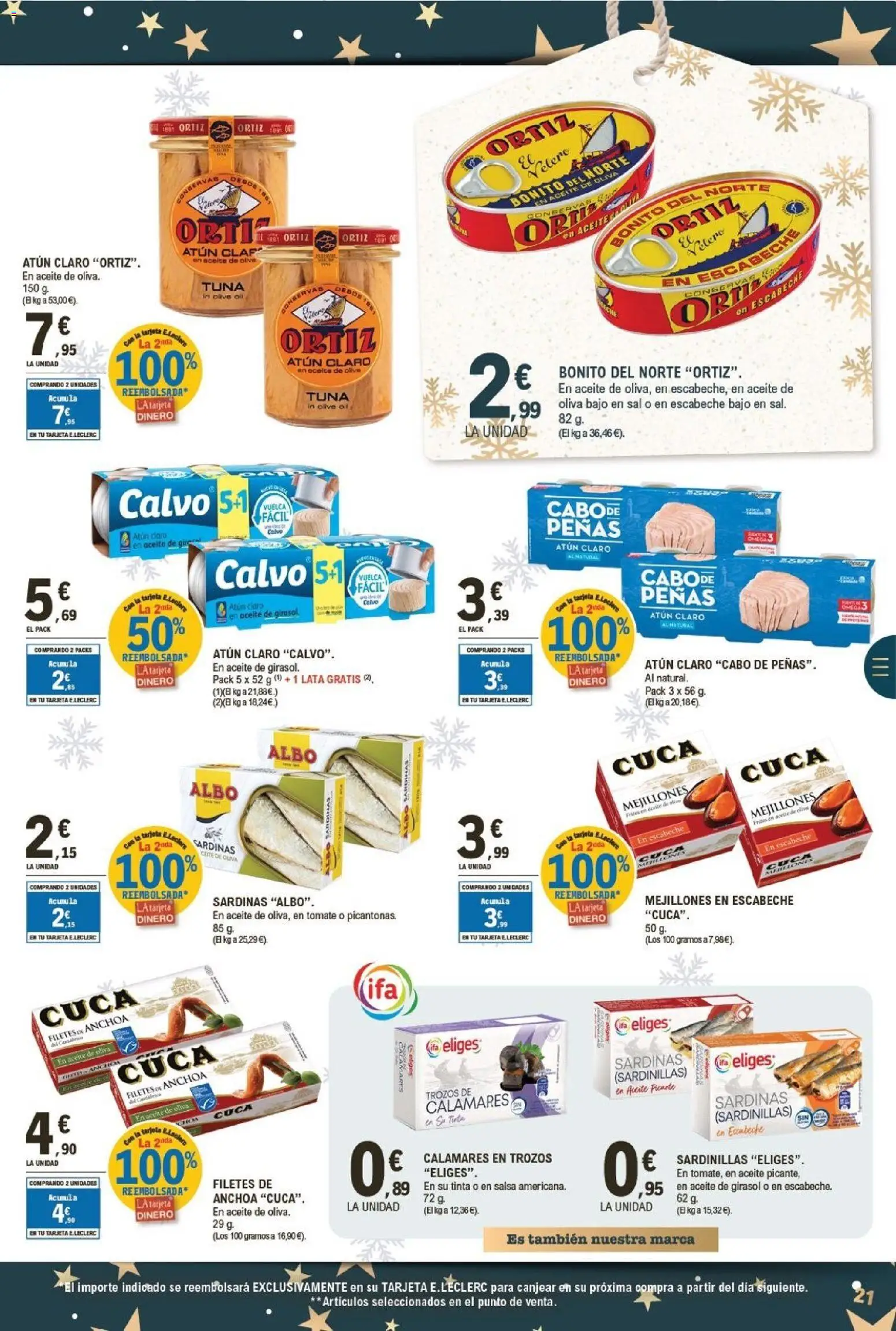 E.Leclerc folleto │ válido desde el 26.12.2025 | Página: 21 | Productos: Calamares, Sardinillas, Aceite de oliva, Atún claro