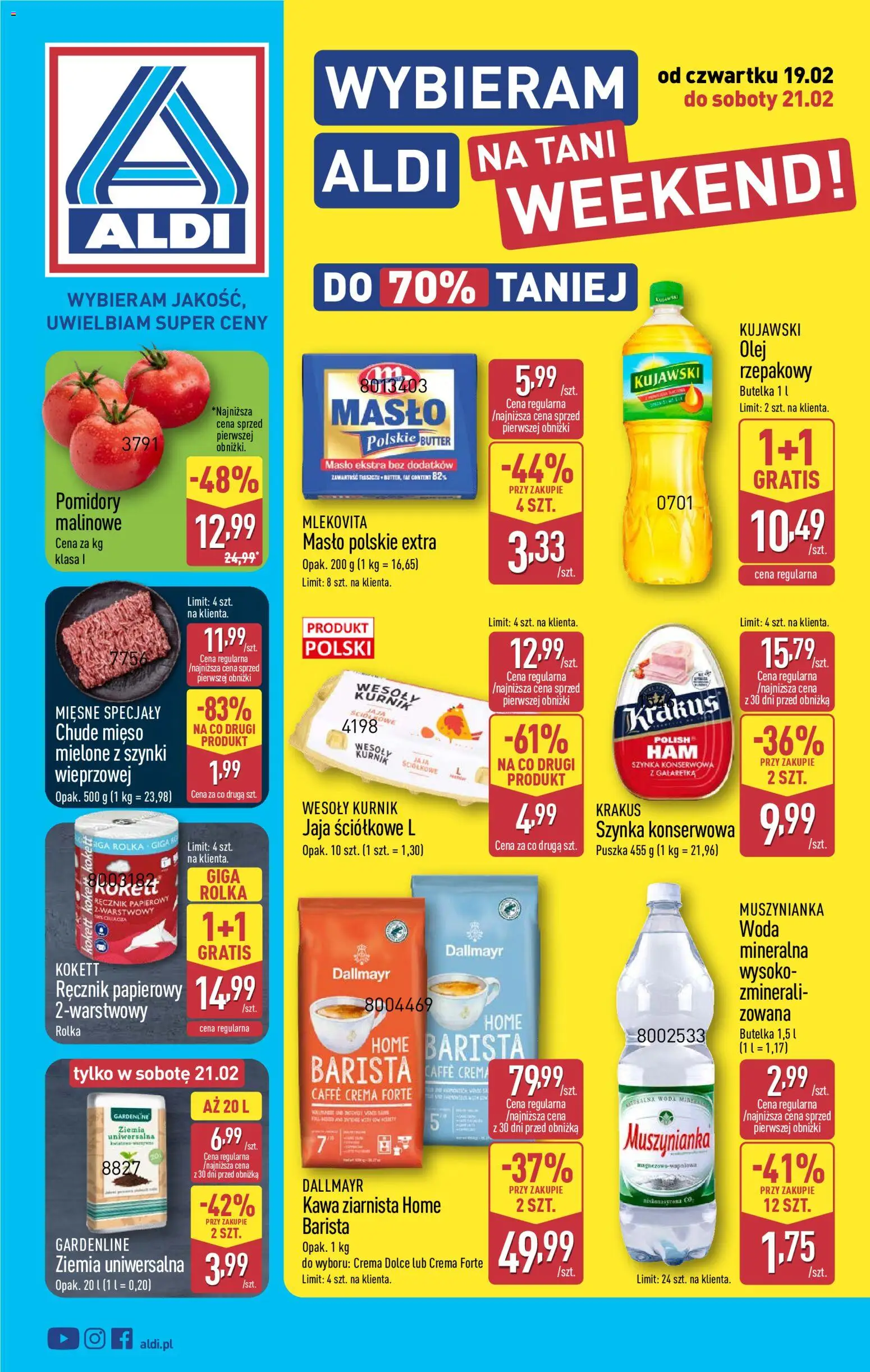 Aldi Gazetka - Okazje na weekend od 19.02.2026 | Strona: 1 | Produkty: Masło Polskie, Mięso, Szynka, Kawa