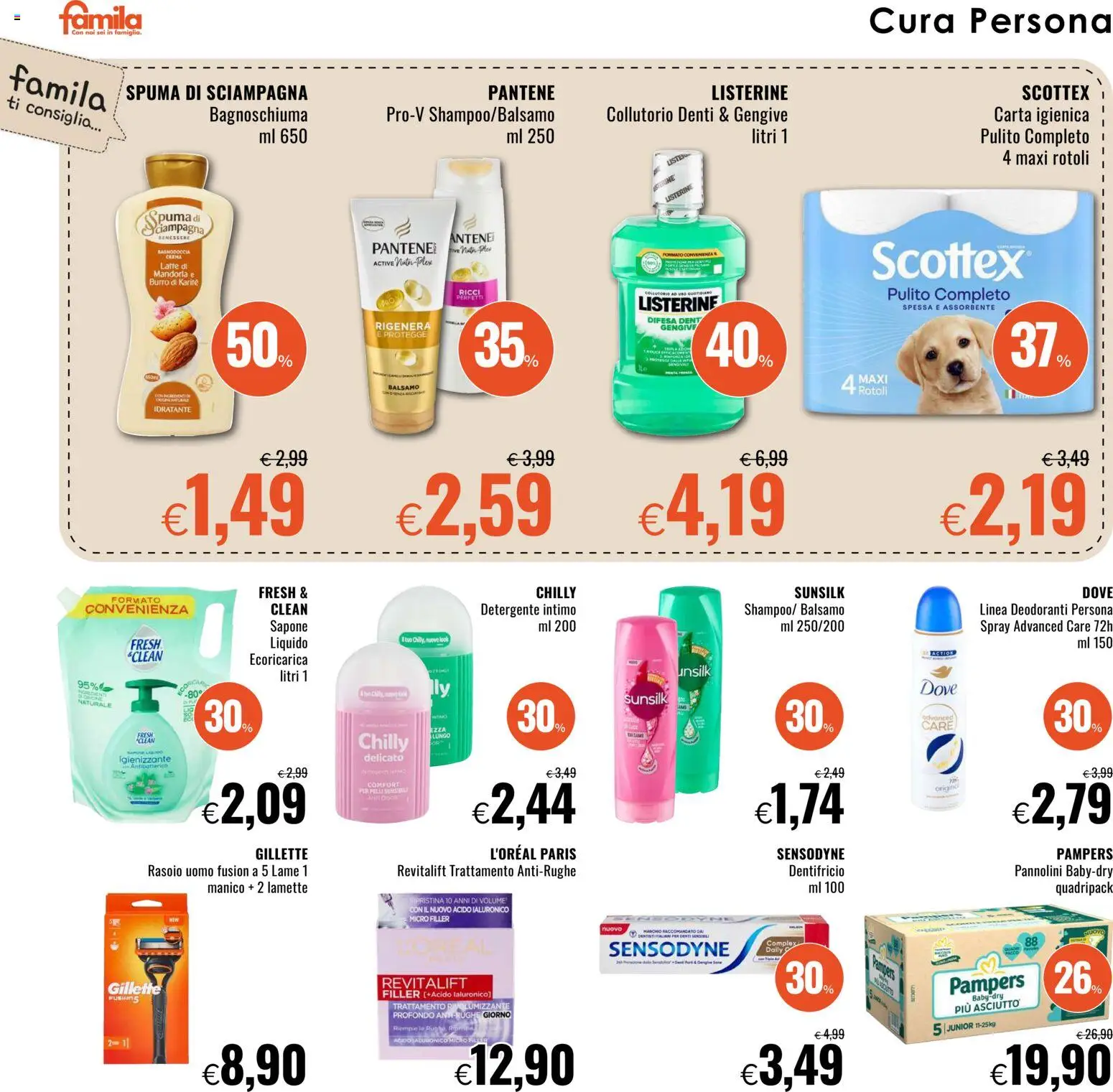 Volantino Famila del 27.11.2025 | Pagina: 22 | Prodotti: Pannolini, Carta igienica, Sapone, Burro
