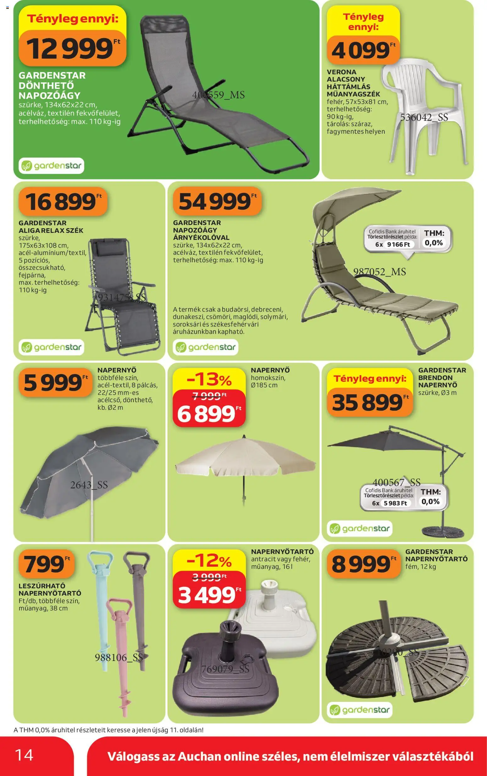 Auchan akciós ujság - amely érvényes a következő dátumtól: 16.04.2026 | Oldal: 14 | Termékek: Szék, Napozóágy, Napernyő