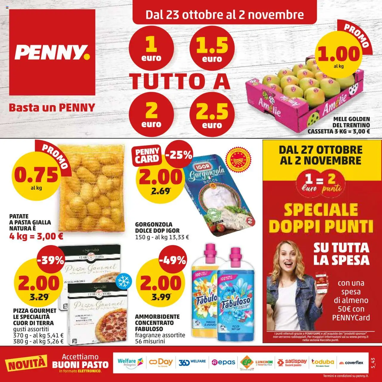 Volantino PENNY del 23.10.2025 | Pagina: 1 | Prodotti: Pizza, Mele, Gorgonzola, Terra