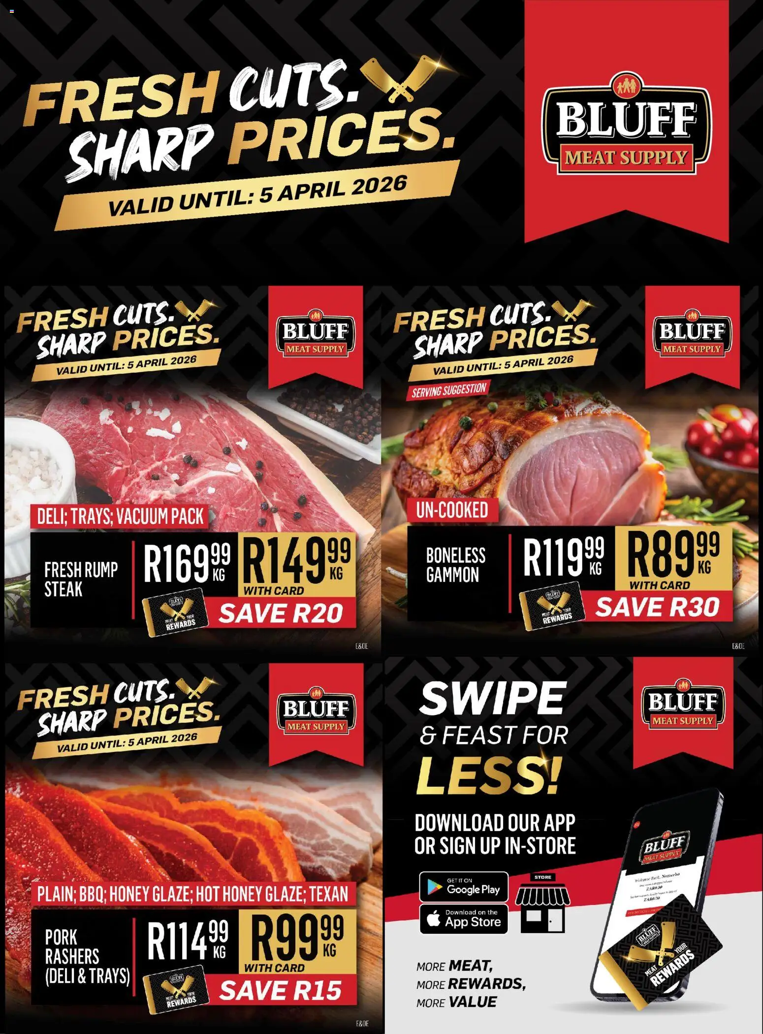 New Bluff Meat Supply catalogue – valid from 01.04.2026 | Page: 1 | Products: Steak, Pork
