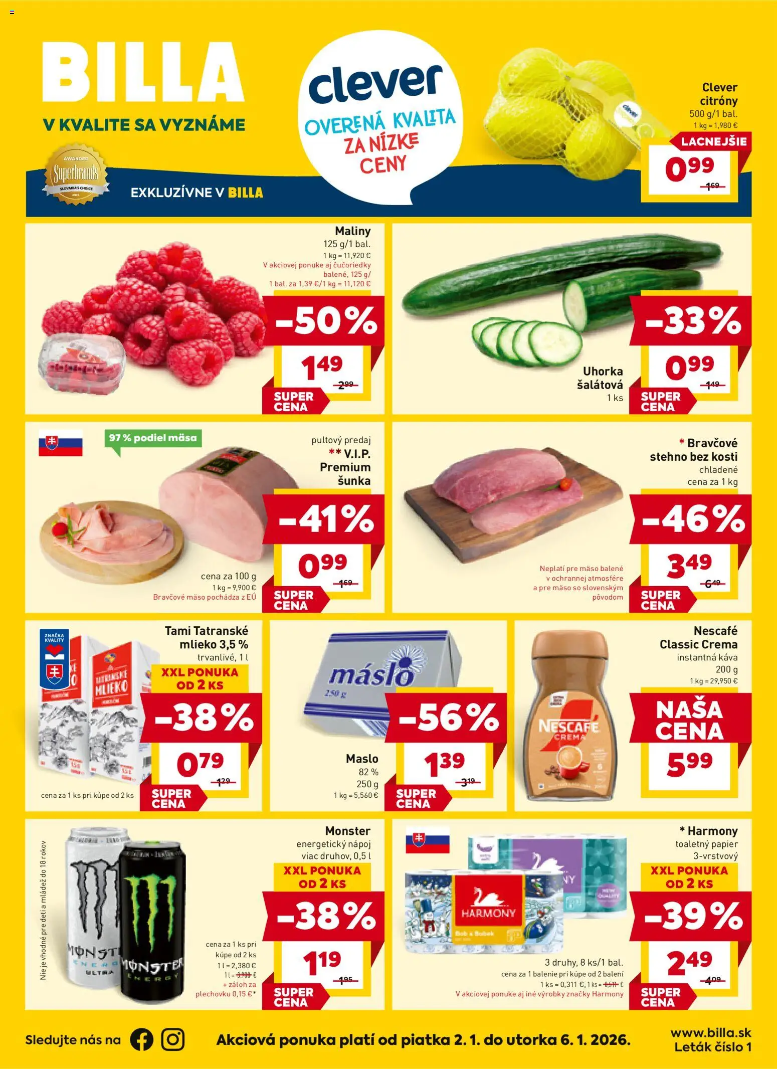 Nové Billa akcie – leták je platný od 02.01.2026 | Strana: 1 | Produkty: Maslo, Mlieko, Káva, Čučoriedky