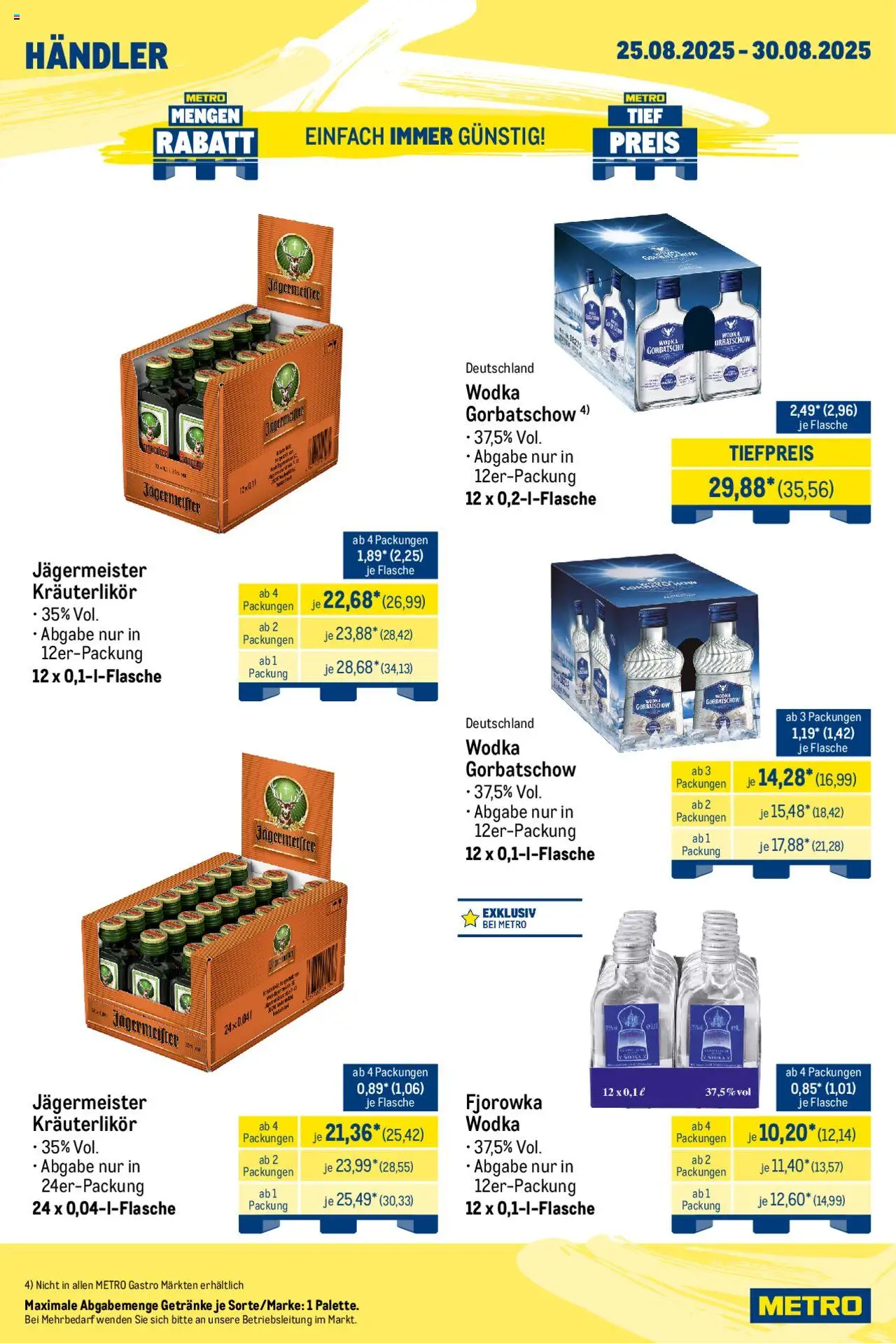 Metro Wochen-Angebote Händler - gültig ab dem 25.08.2025 | Seite: 4 | Produkte: Jägermeister, Wodka gorbatschow, Wodka