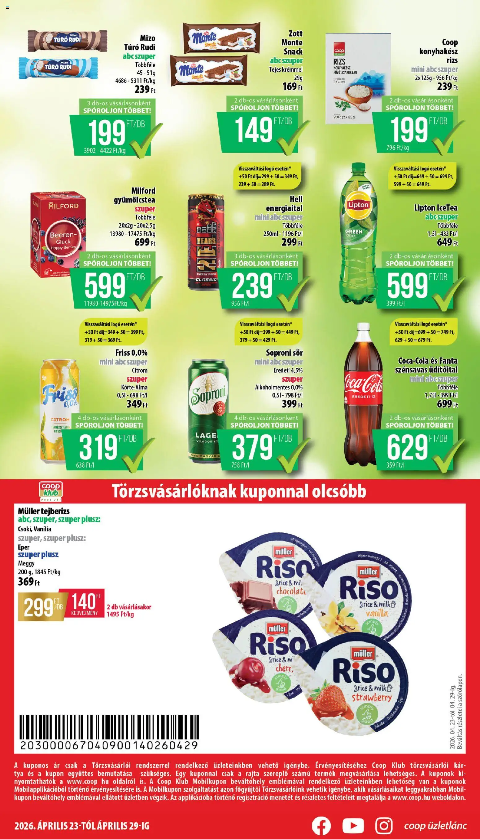 COOP akciós ujság - amely érvényes a következő dátumtól: 23.04.2026 | Oldal: 8 | Termékek: Kvasac, Tejberizs, Ice tea, Gyümölcstea
