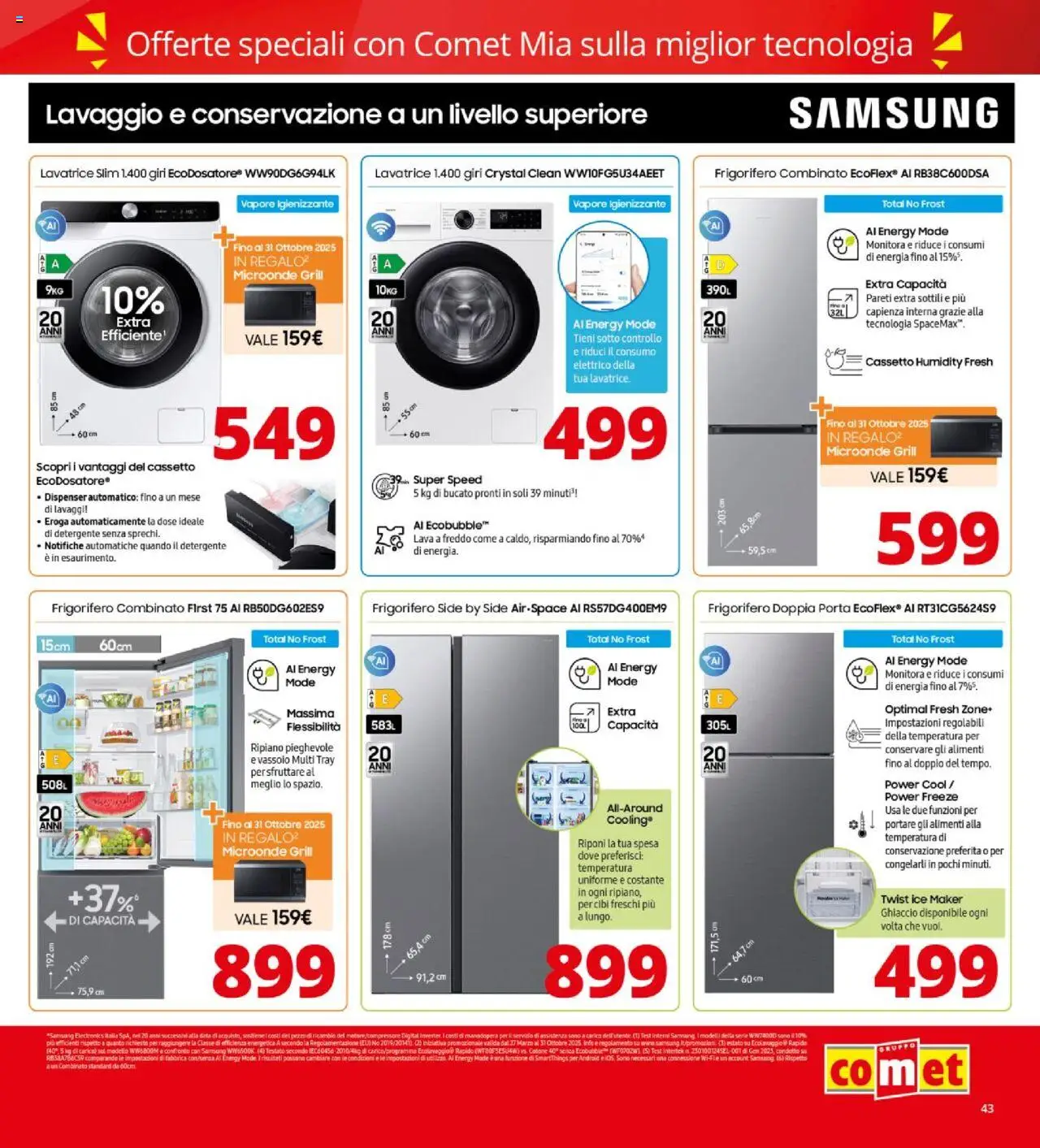 Volantino Comet del 09.10.2025 | Pagina: 43 | Prodotti: Ripiano, Lavatrice, Frigorifero combinato, Samsung