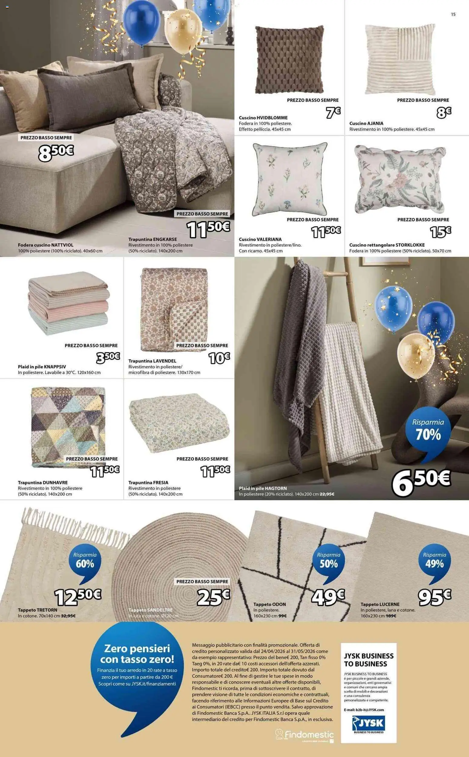 Volantino JYSK del 24.04.2026 | Pagina: 15 | Prodotti: Pile, Valeriana, Cuscino, Tappeto