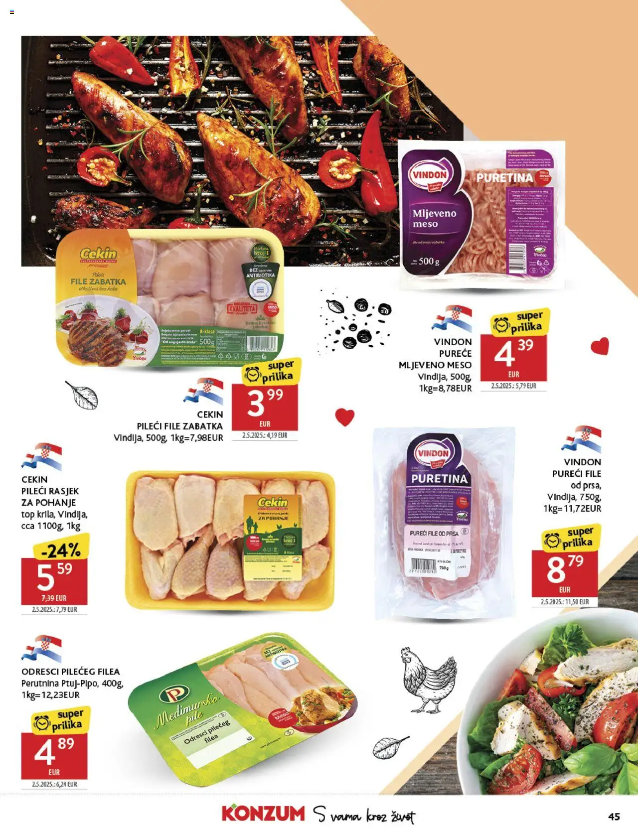 Konzum katalog | vrijedi od 15.10.2025 | Stranica: 45 | Proizvodi: Puretina, Pileći file, Meso, Mljeveno meso