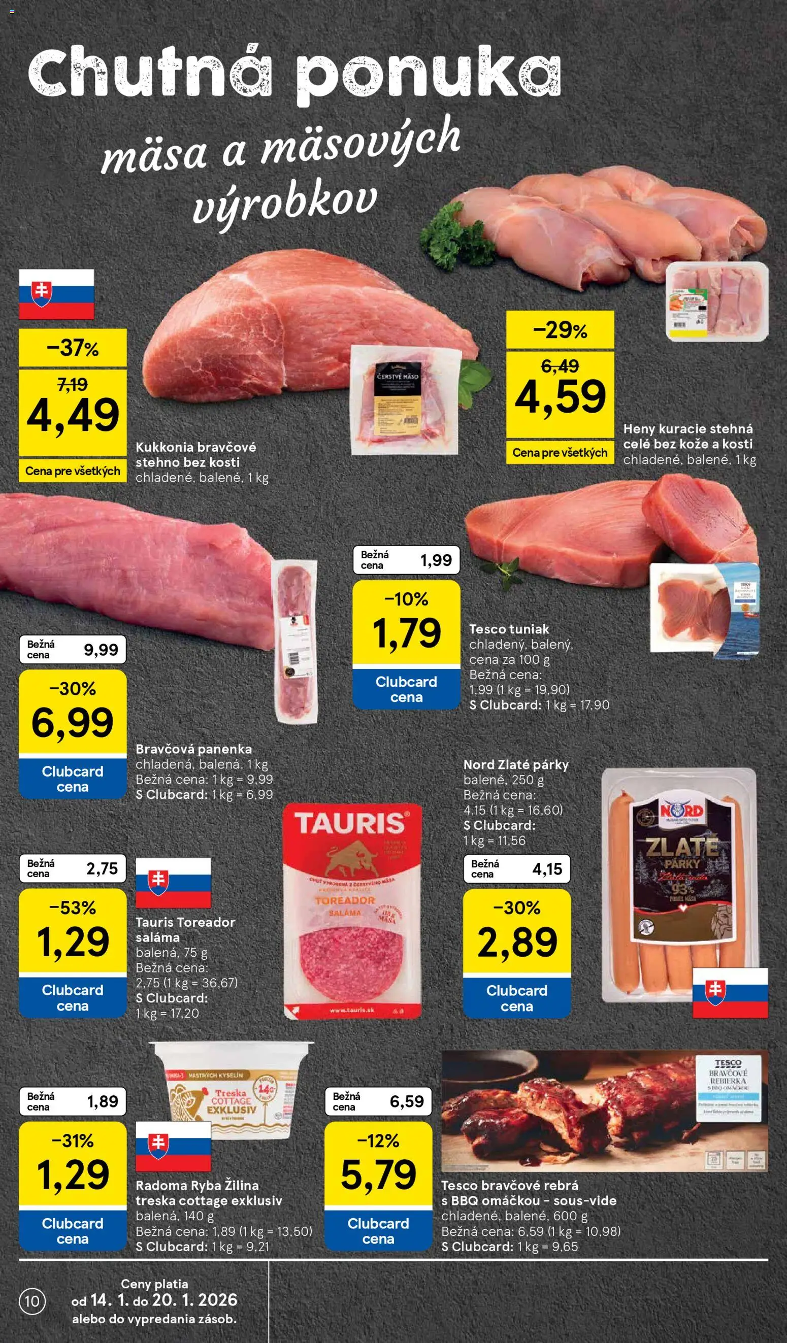 Nové Tesco akcie – leták je platný od 14.01.2026 | Strana: 10 | Produkty: Saláma, Bravčová panenka, Ryba, Treska