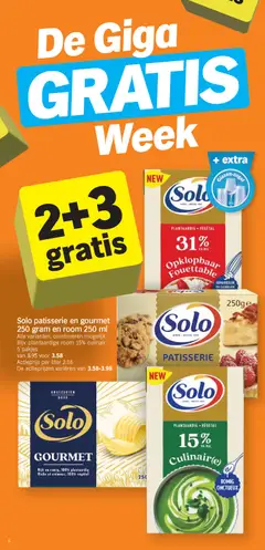 Solo patisserie en gourmet 250 gram en room 250 ml, Alle varianten, combineren mogelijk. Bijv. plantaardige room 15% culinair. 5 pakjes van 8.95 voor 3.58. Actieprijs per liter 2.86. De actieprijzen variëren van 3.58-3.98 - Voorbeeld van een folder van Albert Heijn, geldig van 01.12.2025 | Pagina: 6 | Producten: Room