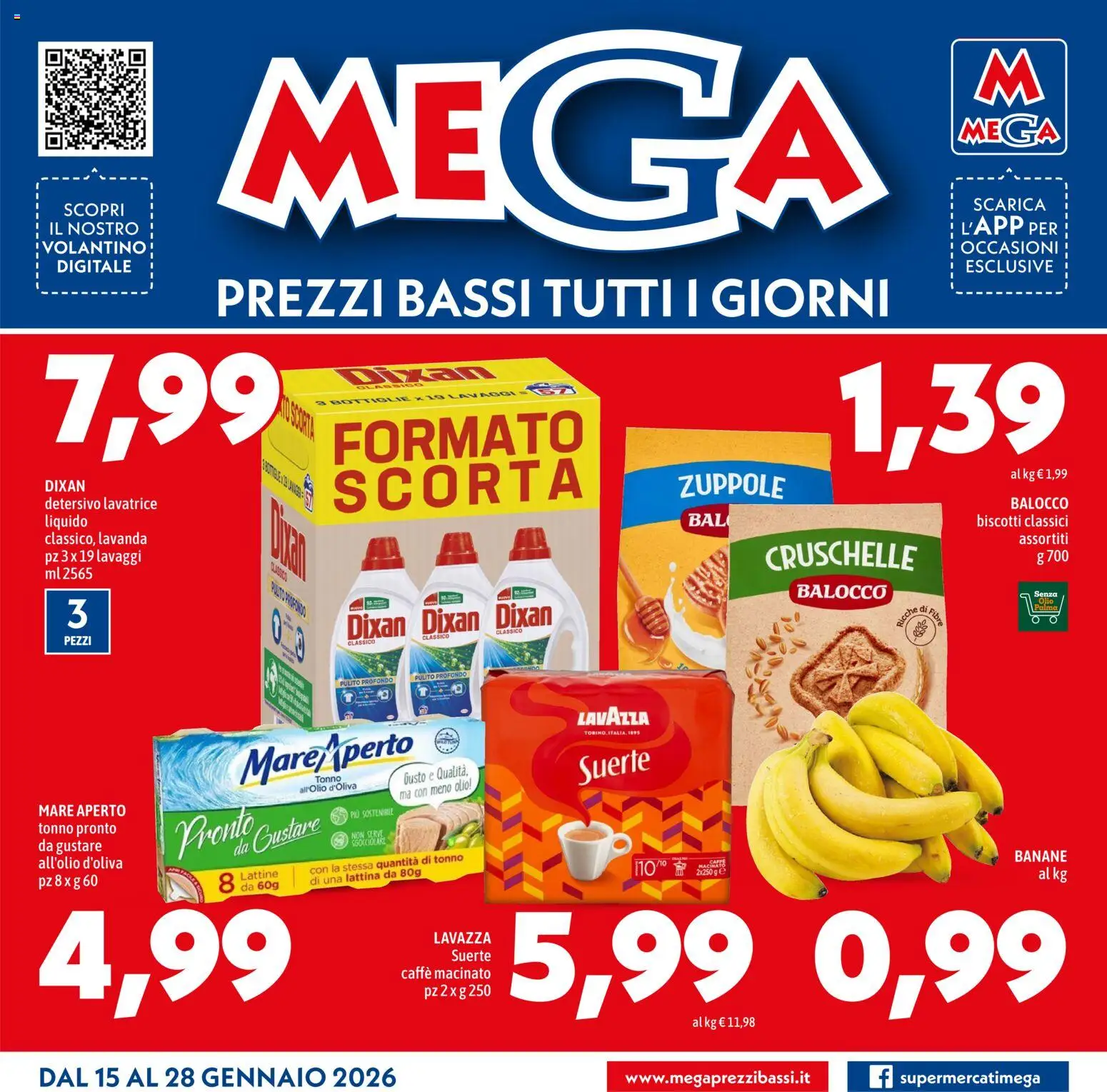 Volantino Mega del 15.01.2026 | Pagina: 1 | Prodotti: Caffè, Olio, Lavatrice, Macinato