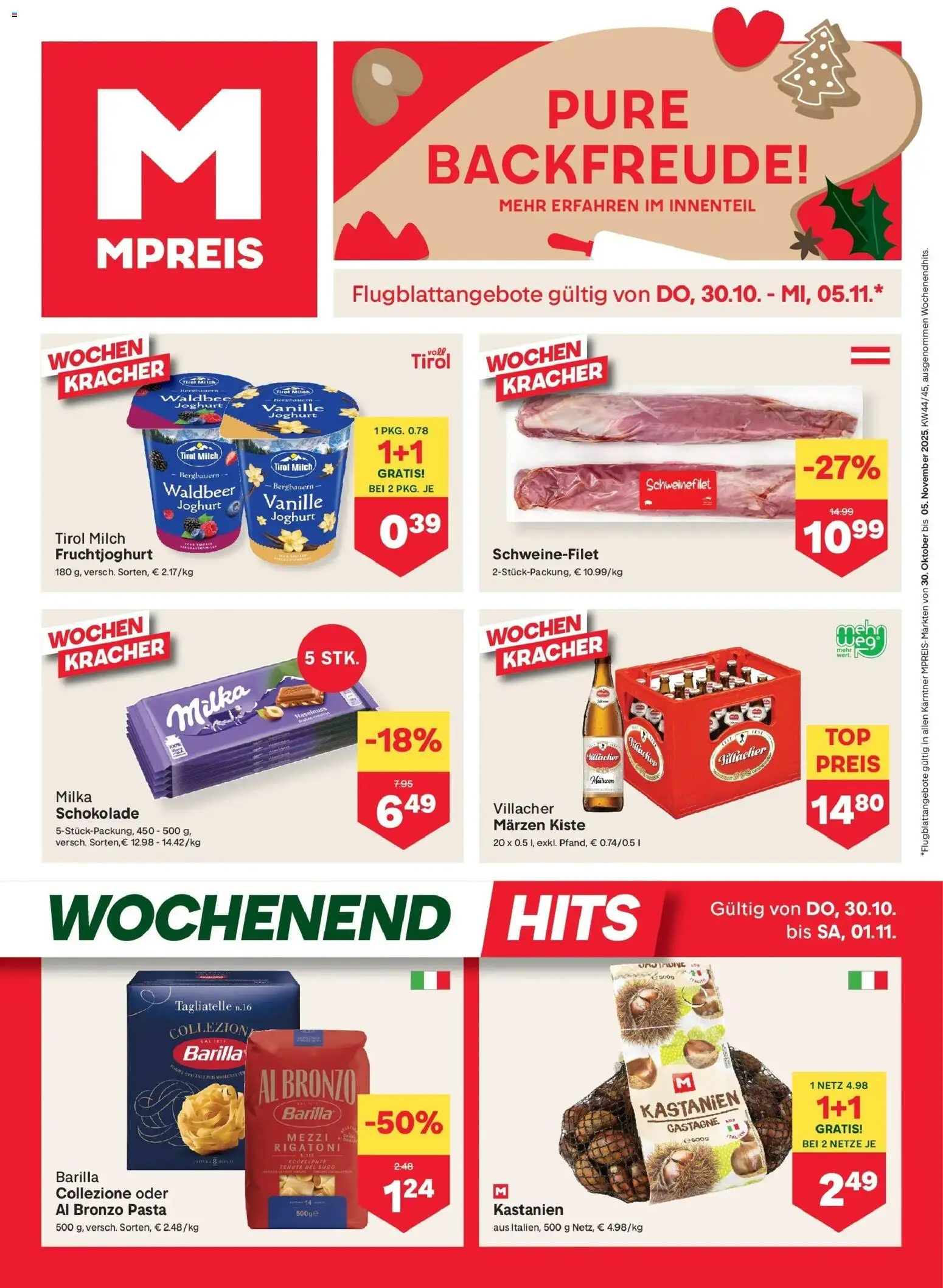 MPREIS Velden gültig ab 30.10.2025 | Seite: 1 | Produkte: Pasta, Milch, Joghurt, Schokolade