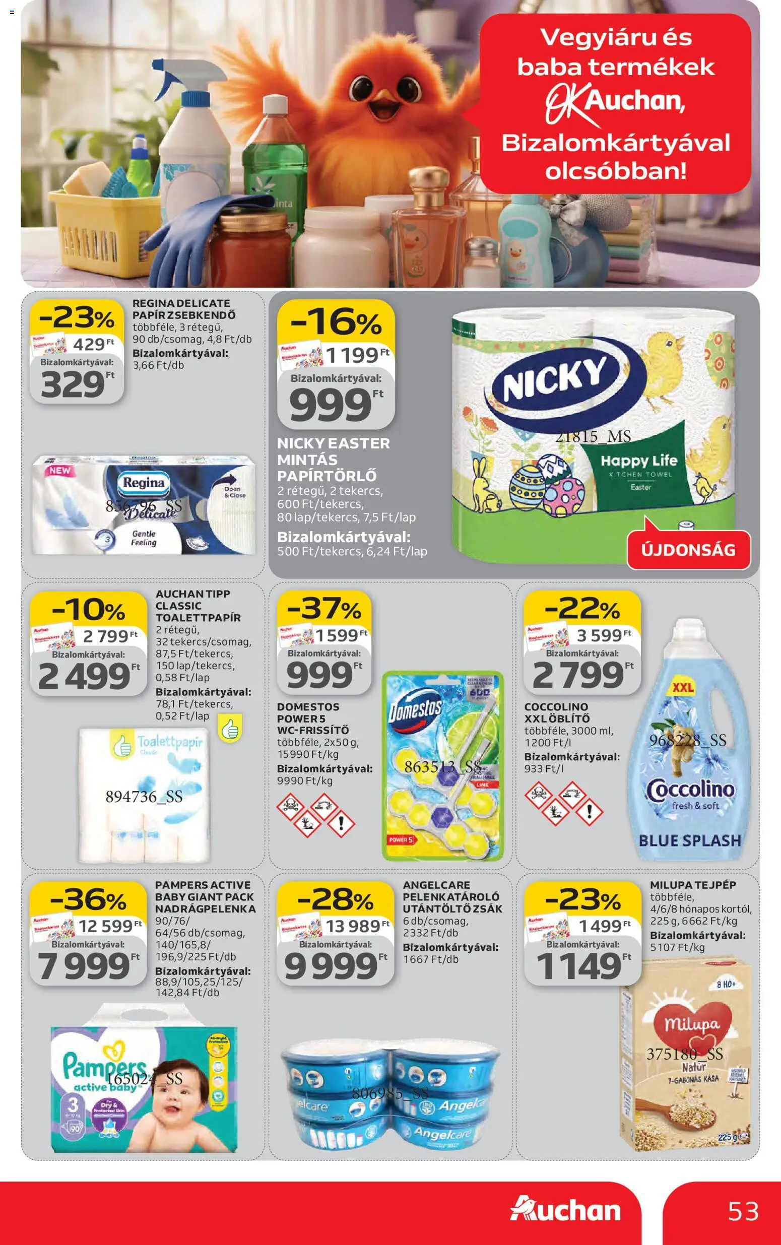 Auchan akciós ujság - amely érvényes a következő dátumtól: 19.03.2026 | Oldal: 53 | Termékek: Lime, Pampers, Papírtörlő, Öblítő