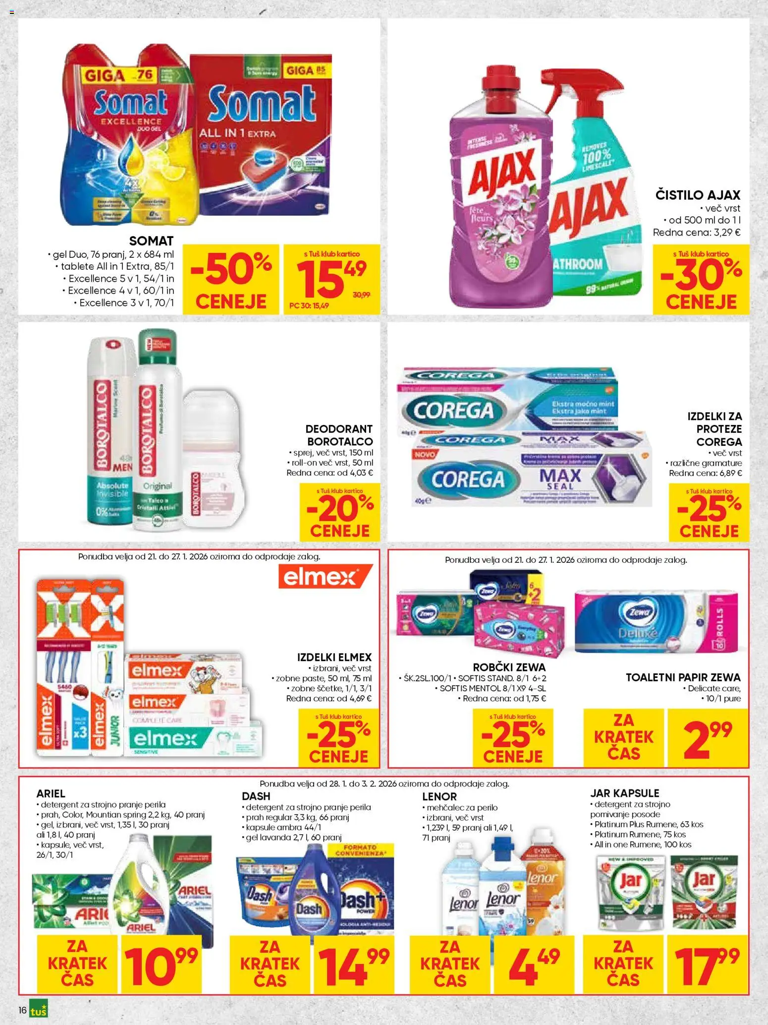 Novi Tuš katalog ponudbe – veljaven od 21.01.2026 | Stran: 16 | Izdelki: Toaletni papir, Kos, Deodorant, Detergent