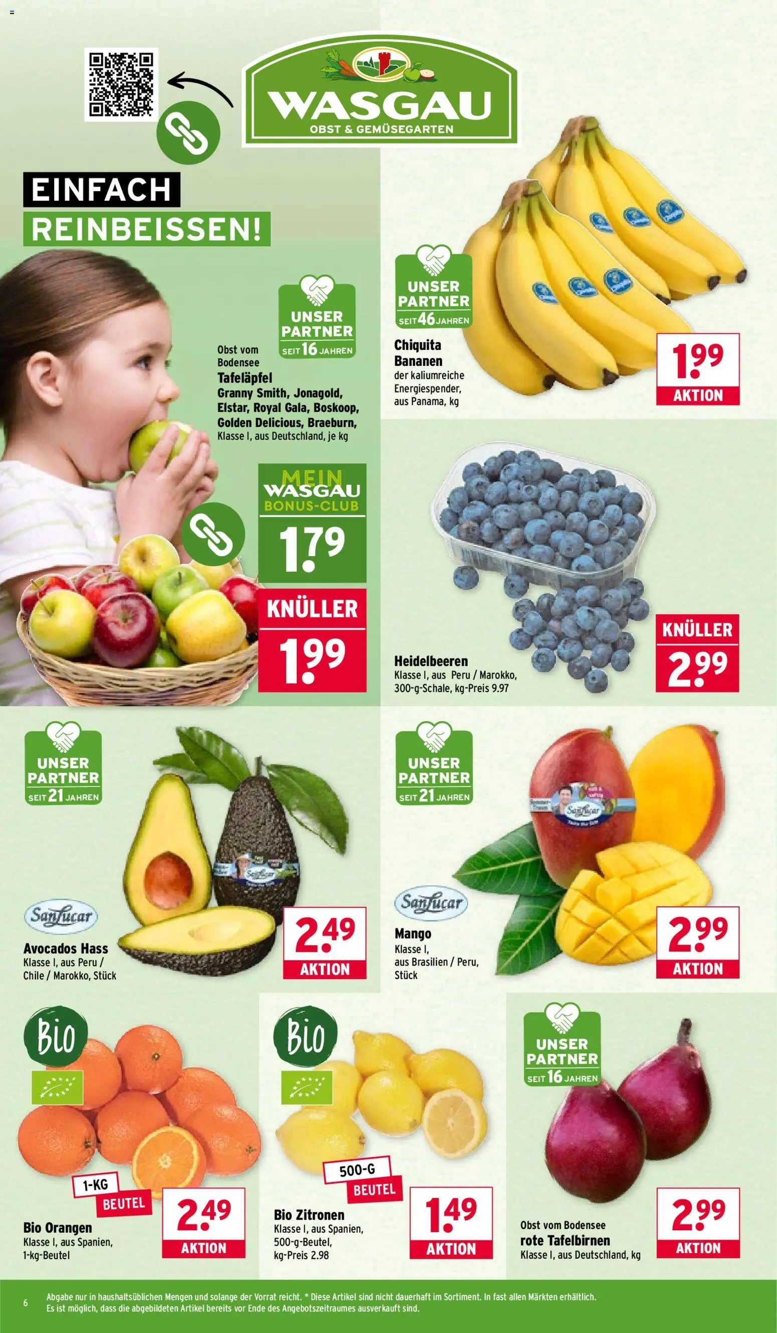 Wasgau Prospekt 	 – gültig ab 19.01.2026 | Seite: 6 | Produkte: Bananen, Orangen, Heidelbeeren, Mango