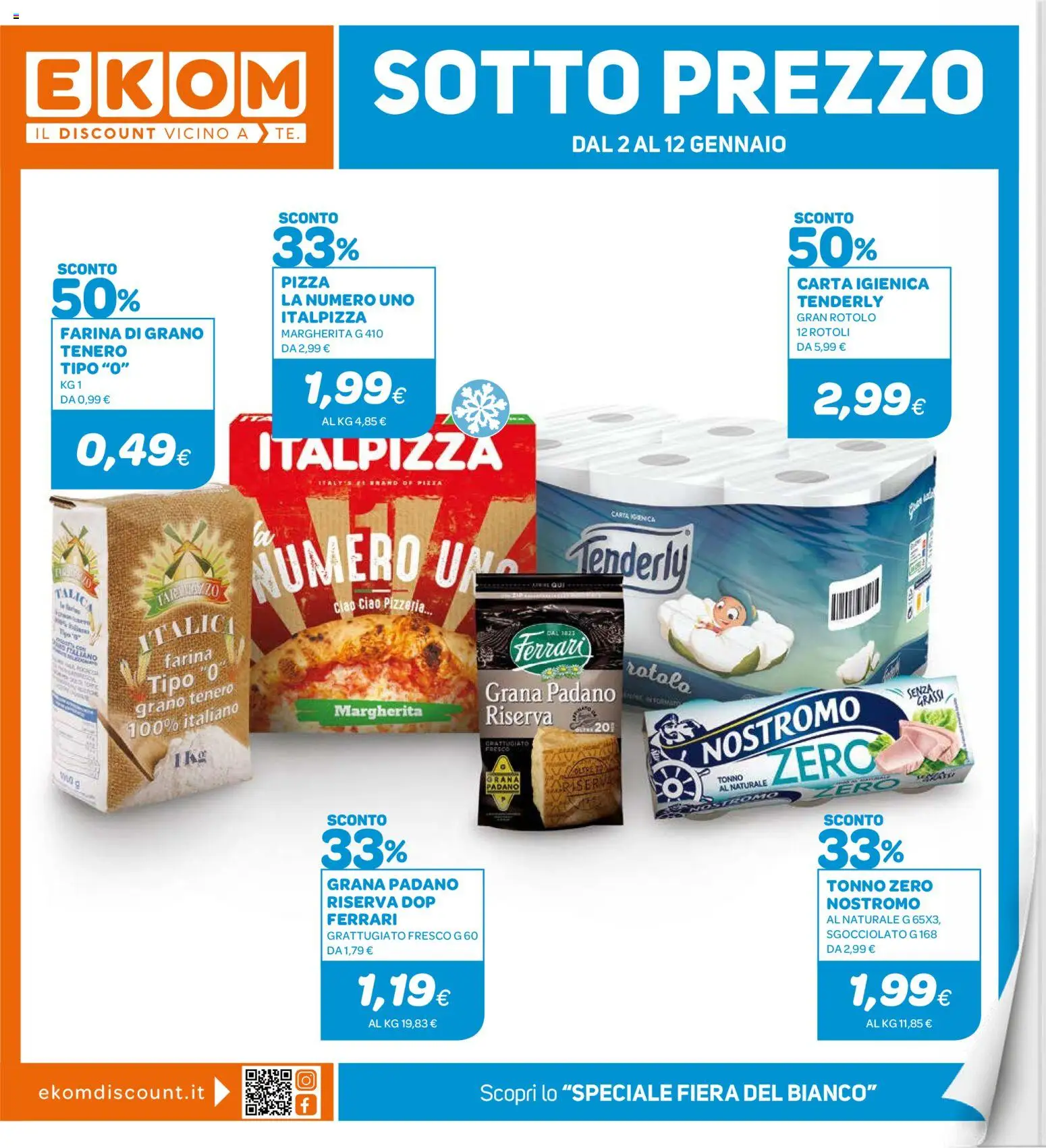 Volantino Ekom del 02.01.2026 | Pagina: 1 | Prodotti: Farina, Tonno, Grana Padano, Tonno al naturale