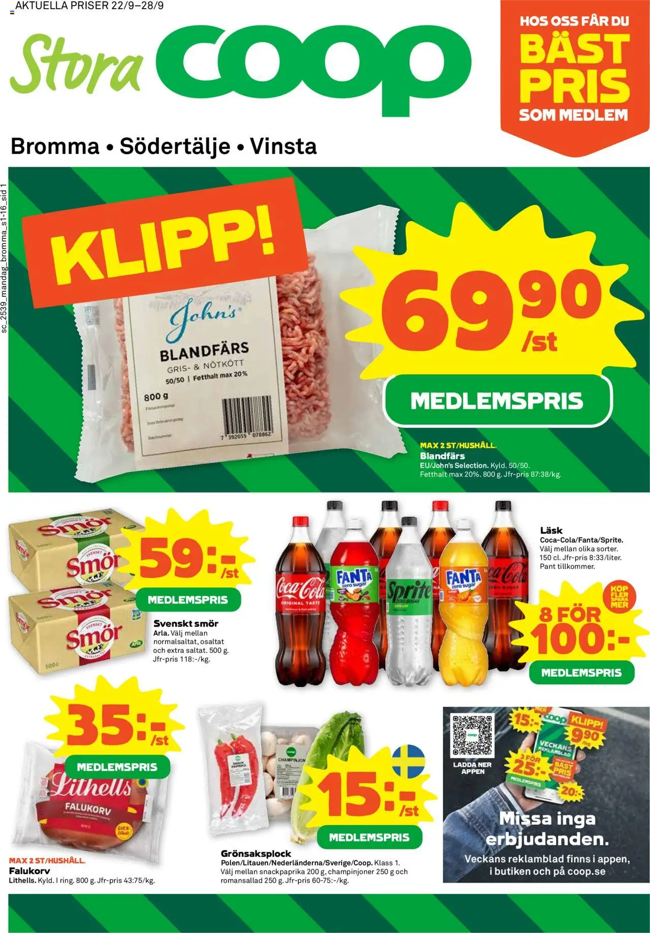 Stora Coop reklamblad aktuell från 22.09.2025 | Sida: 1 | Produkter: Fanta, Smör, Romansallad, Nötkött