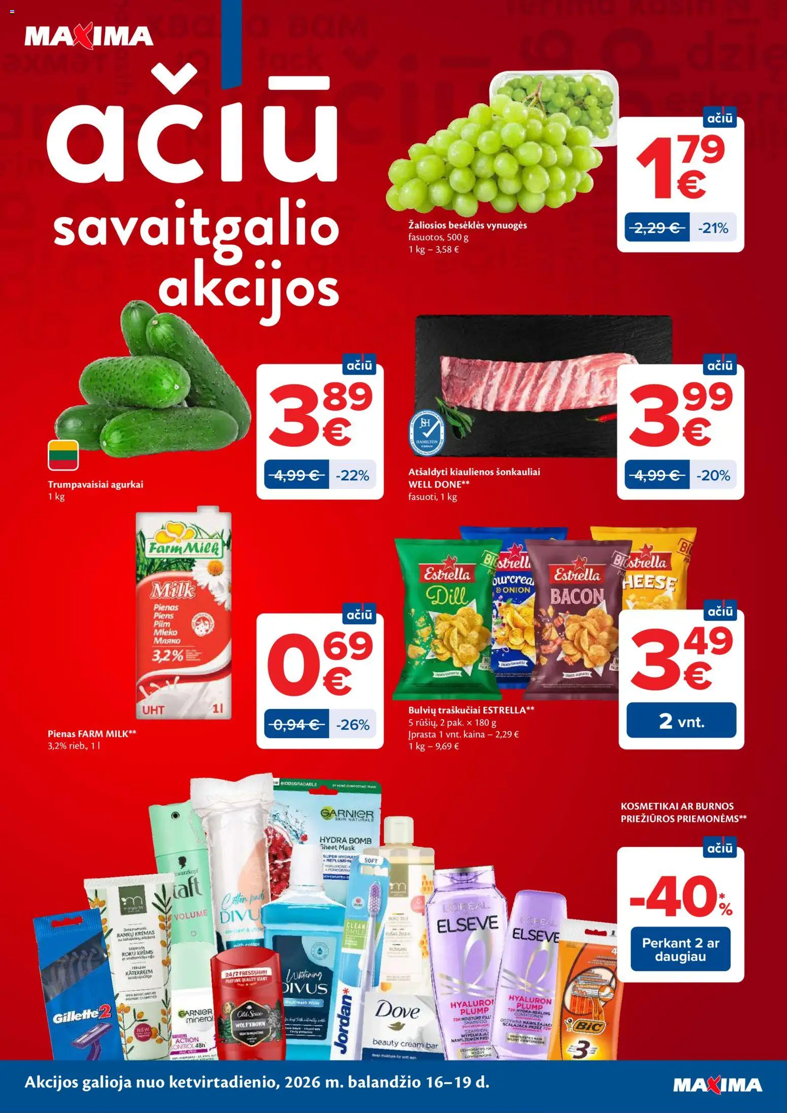 MAXIMA akcijos nuo 14.04.2026 | Puslapis: 44 | Prekių: Agurkai, Kiaulienos, Vynuogės, Pienas
